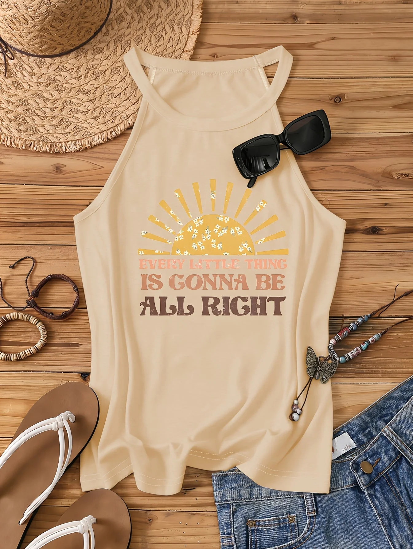 Débardeur Femme Style Bohème Casual - Motif Soleil et Message Positif - Idéal Été et Vacances - Image 2