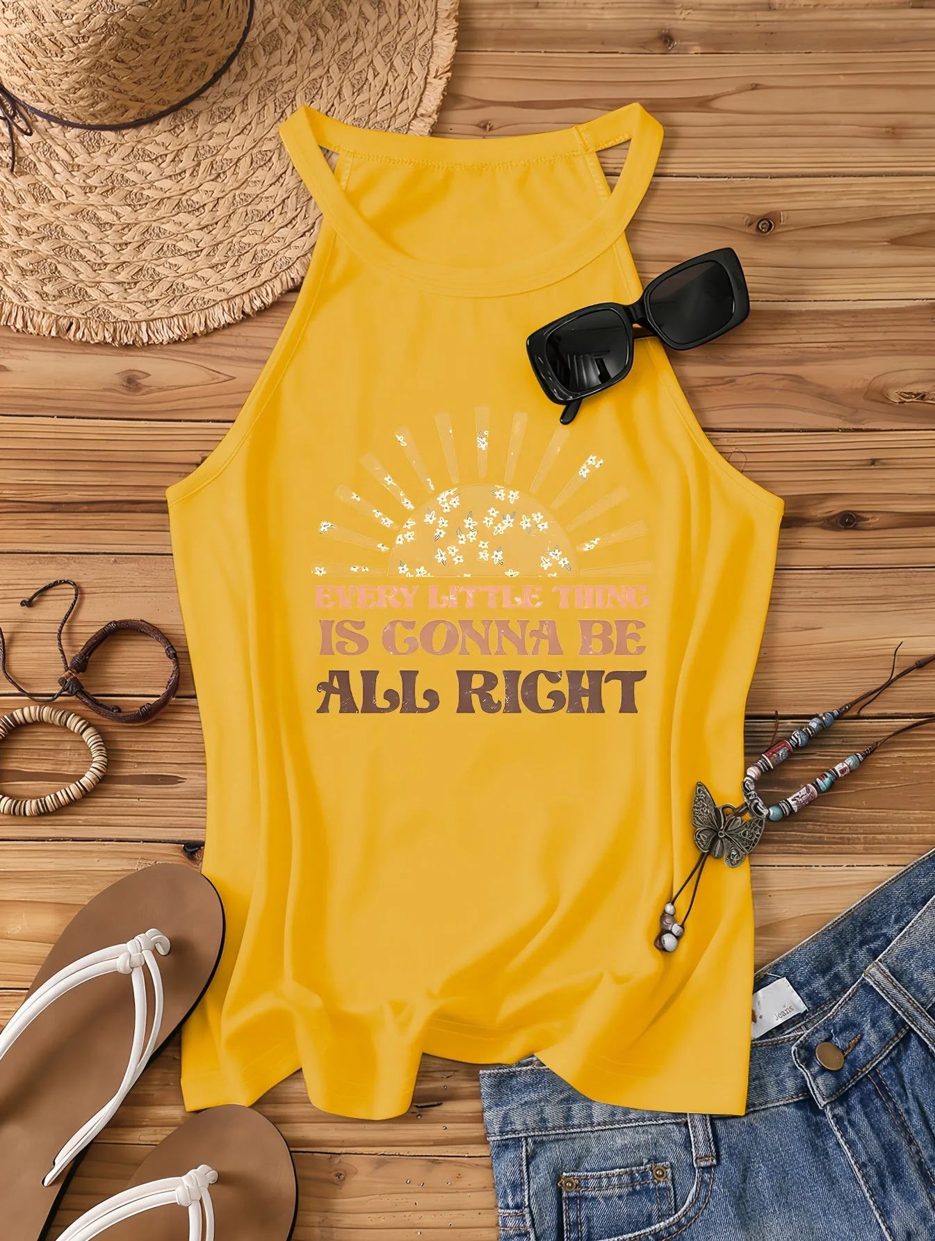 Débardeur Femme Style Bohème Casual - Motif Soleil et Message Positif - Idéal Été et Vacances - Image 3