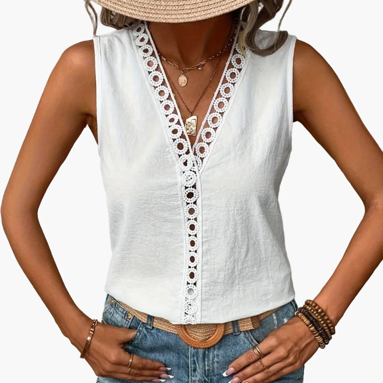 Débardeur femme style bohème chic avec dentelle, col en V, pour l'été - Image 10