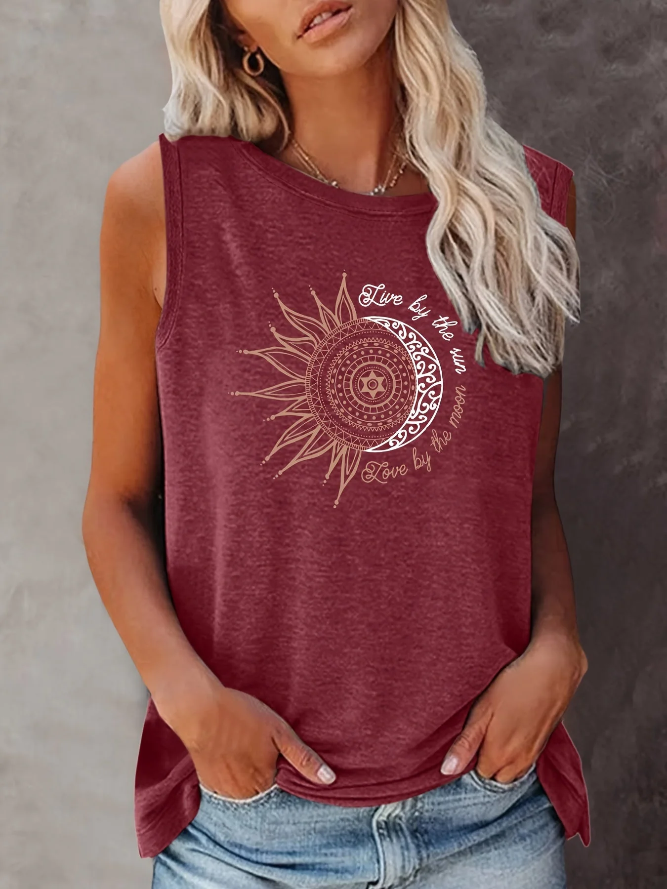 Débardeur femme style bohème graphique soleil et lune, casual été, tendance jeune - Image 2