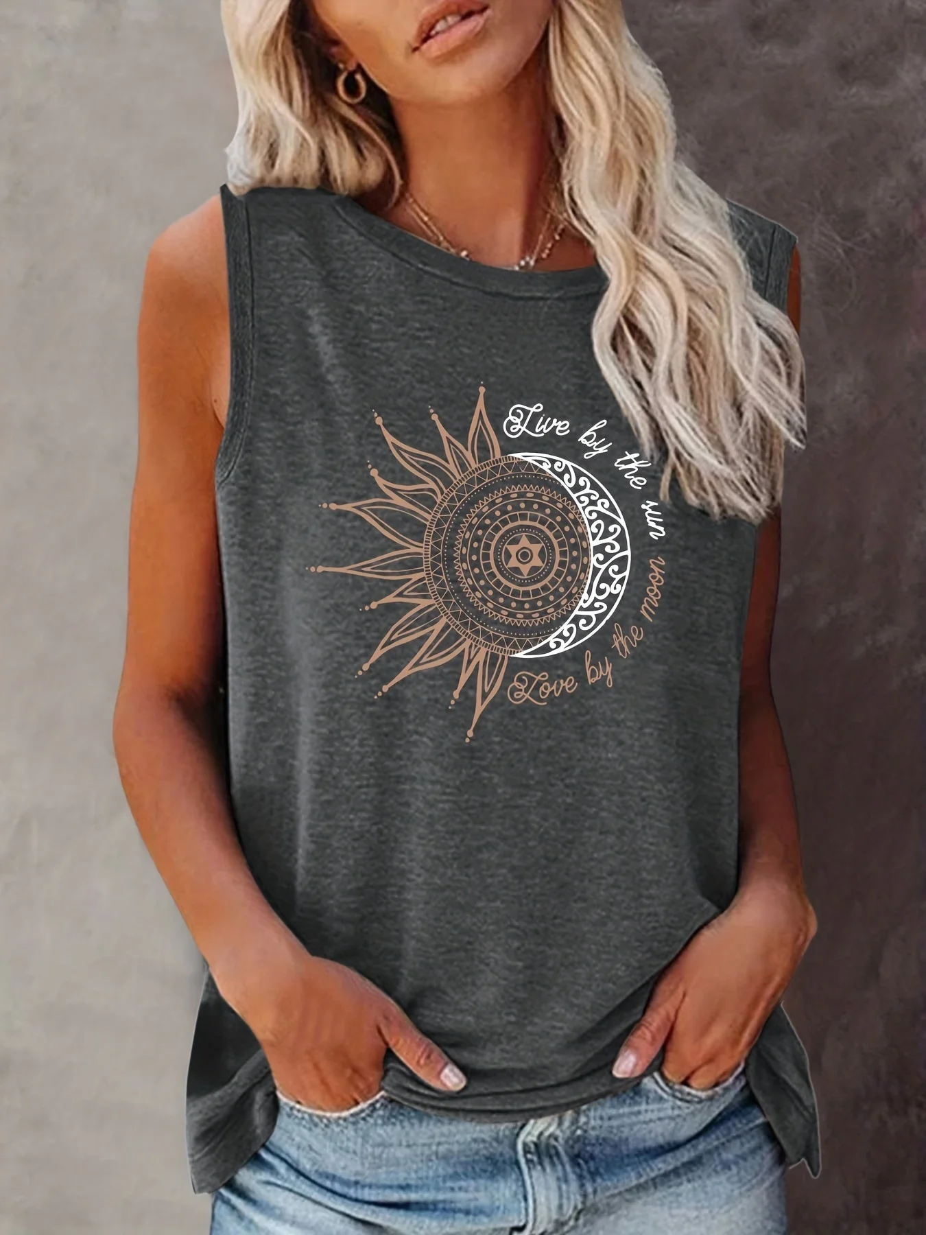 Débardeur femme style bohème graphique soleil et lune, casual été, tendance jeune - Image 3