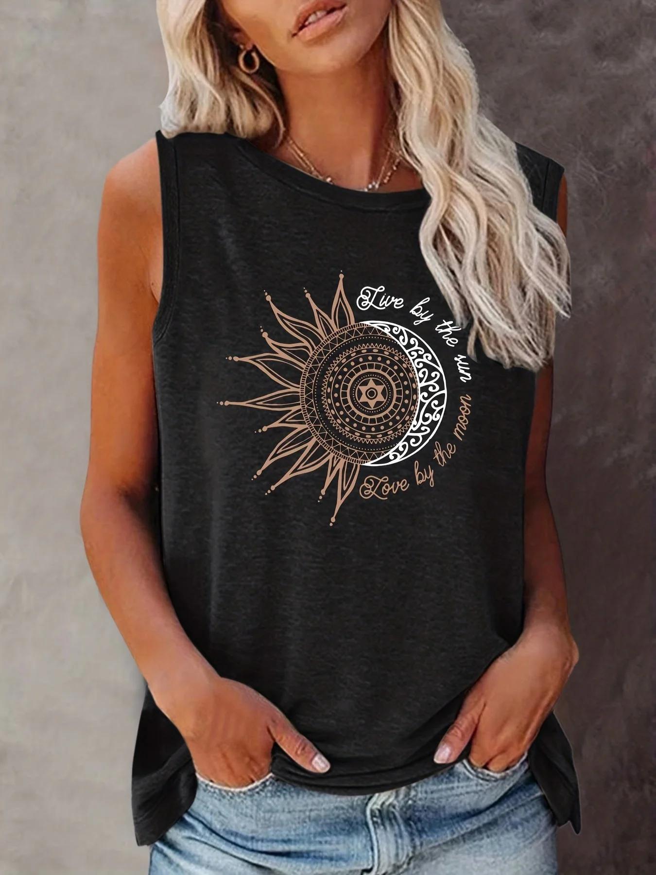 Débardeur femme style bohème graphique soleil et lune, casual été, tendance jeune - Image 4