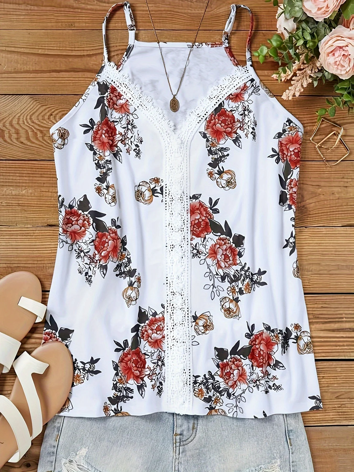 Débardeur Femme Style Sexy à Bretelles Fines avec Motif Floral et Dentelle – Idéal pour l’Été et les Moments Décontractés - Image 4