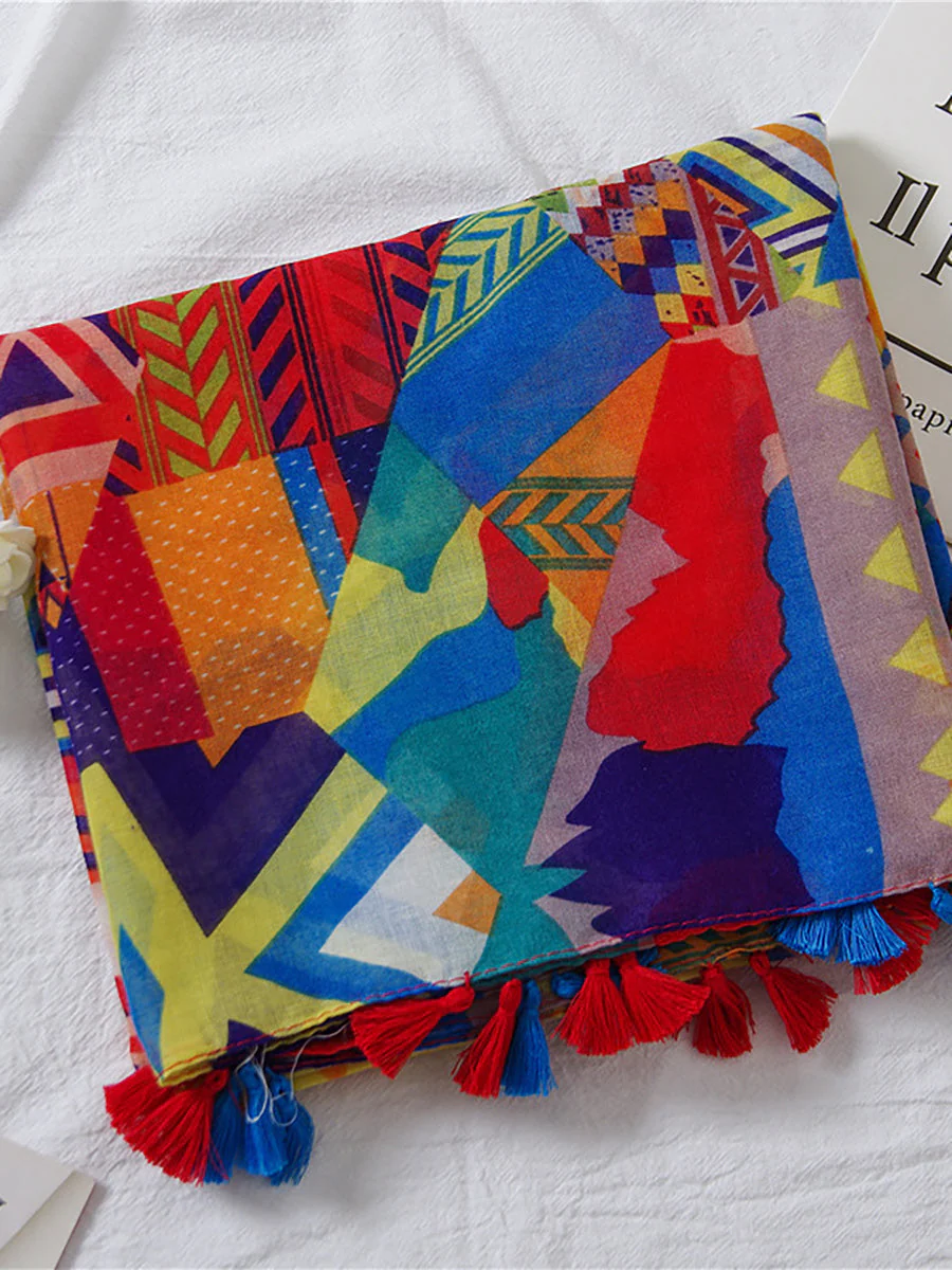 Écharpe femme bohème imprimée géométrique à pompons pour toutes saisons - Image 5