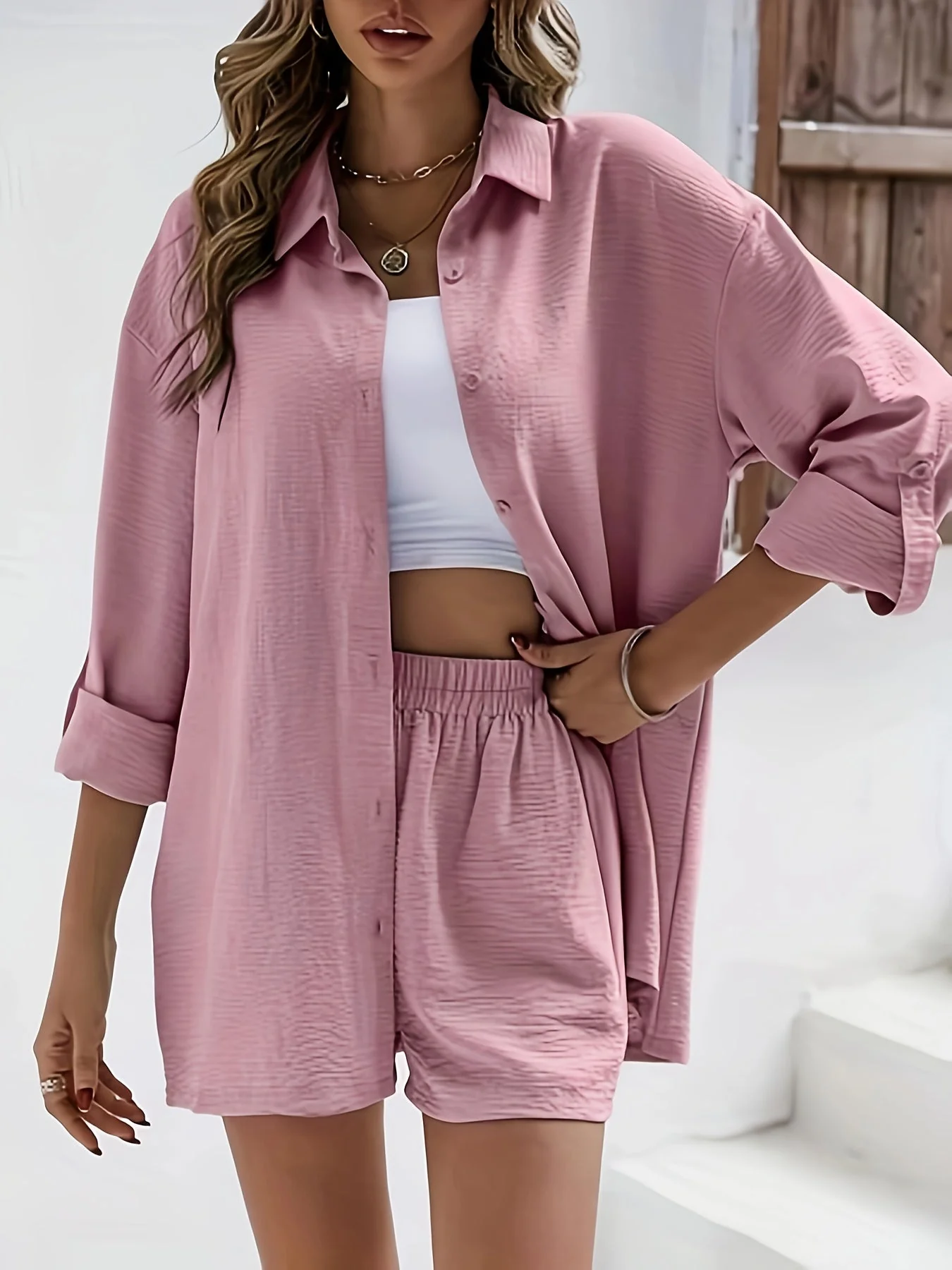 Ensemble décontracté femme 2 pièces chemise ample et short taille élastique pour l'été - Image 3