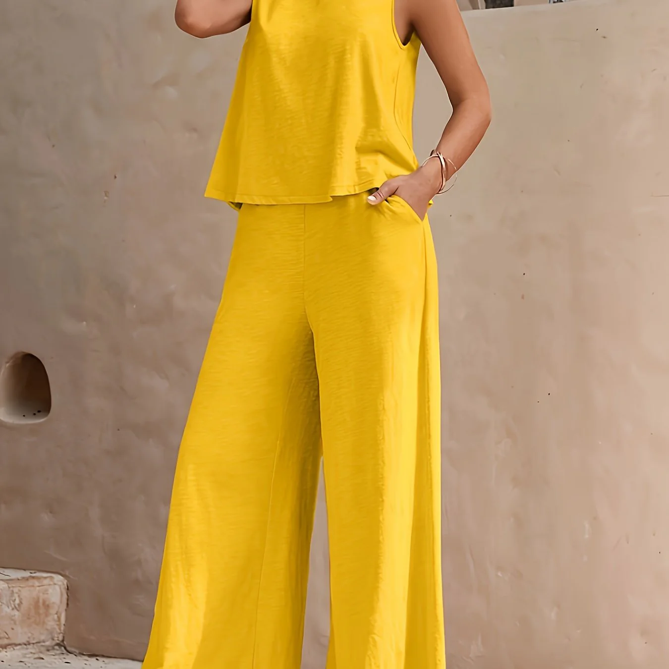 Ensemble décontracté femme – Pantalon large et haut sans manches, style élégant pour l'été - Image 3