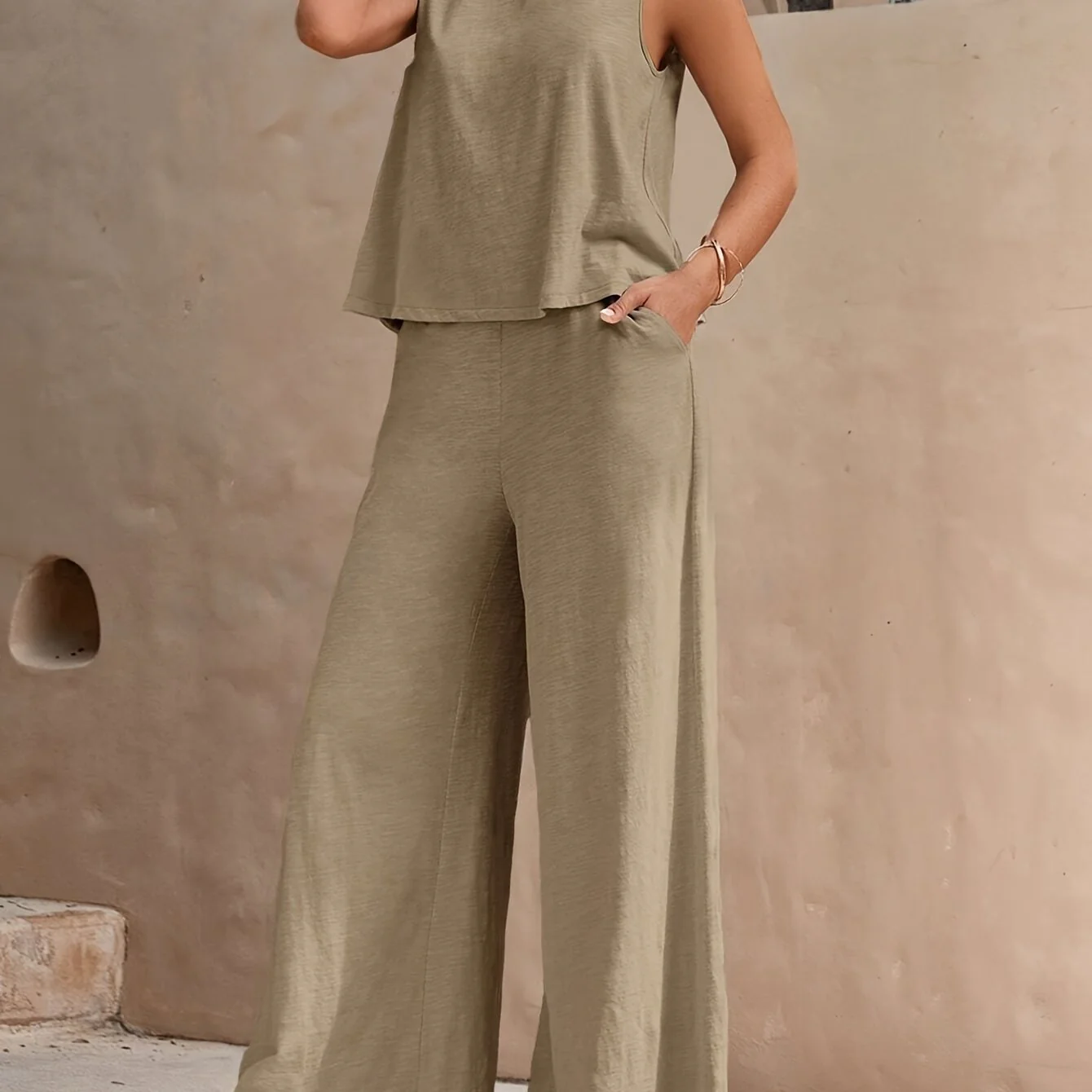 Ensemble décontracté femme – Pantalon large et haut sans manches, style élégant pour l'été - Image 4