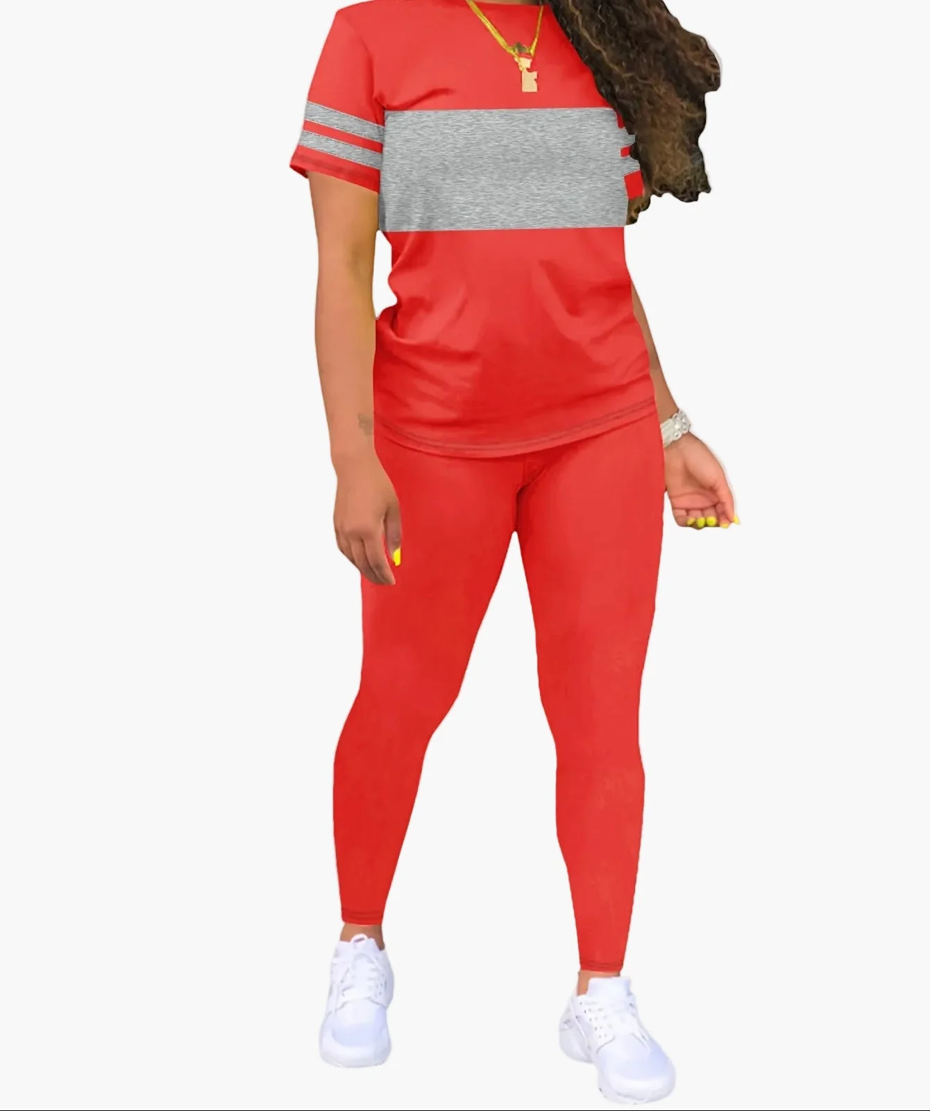 Ensemble Décontracté Femme T-shirt à Rayures et Legging – Style Sport Chic Quotidien - Image 2