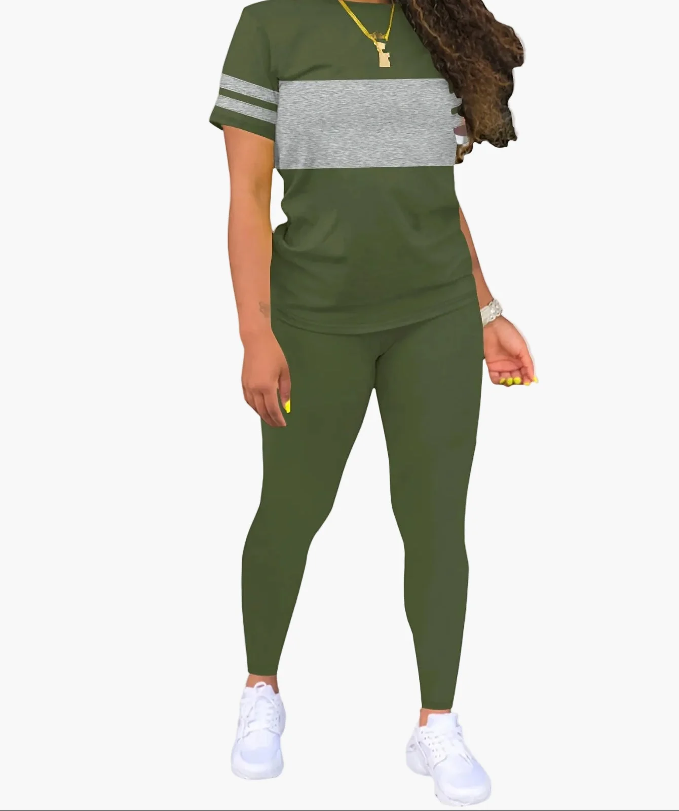 Ensemble Décontracté Femme T-shirt à Rayures et Legging – Style Sport Chic Quotidien - Image 4