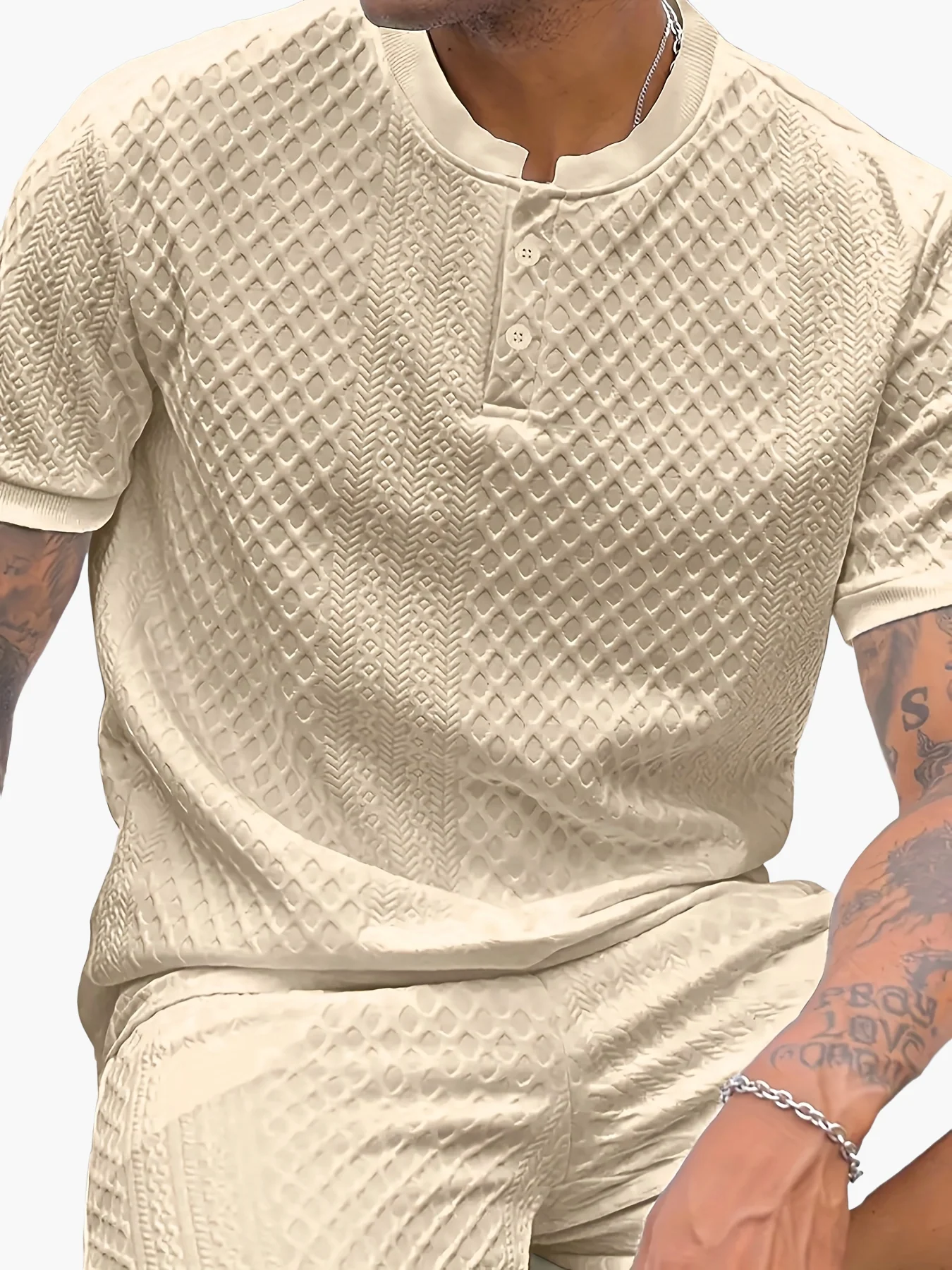 Ensemble décontracté pour homme à motif texturé style Henley – Idéal pour l’été et les sorties urbaines - Image 13