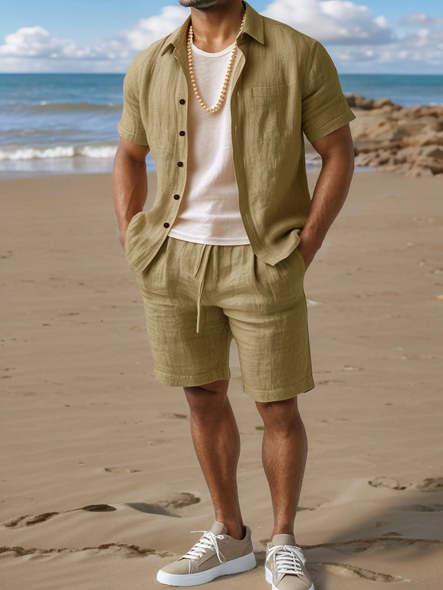 Ensemble décontracté pour homme style bohème – chemise manches courtes et short idéal plage et été - Image 2