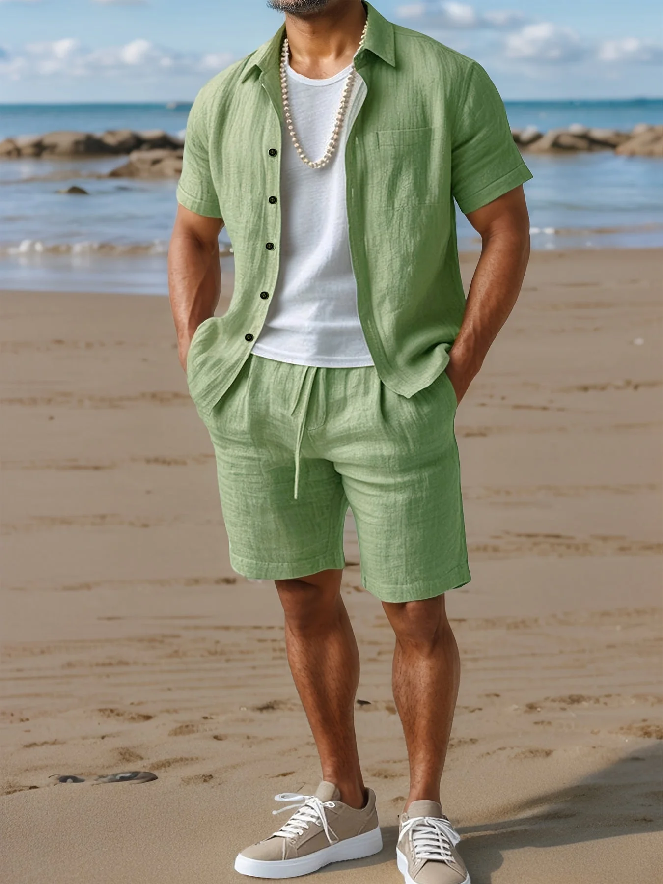 Ensemble décontracté pour homme style bohème – chemise manches courtes et short idéal plage et été - Image 5