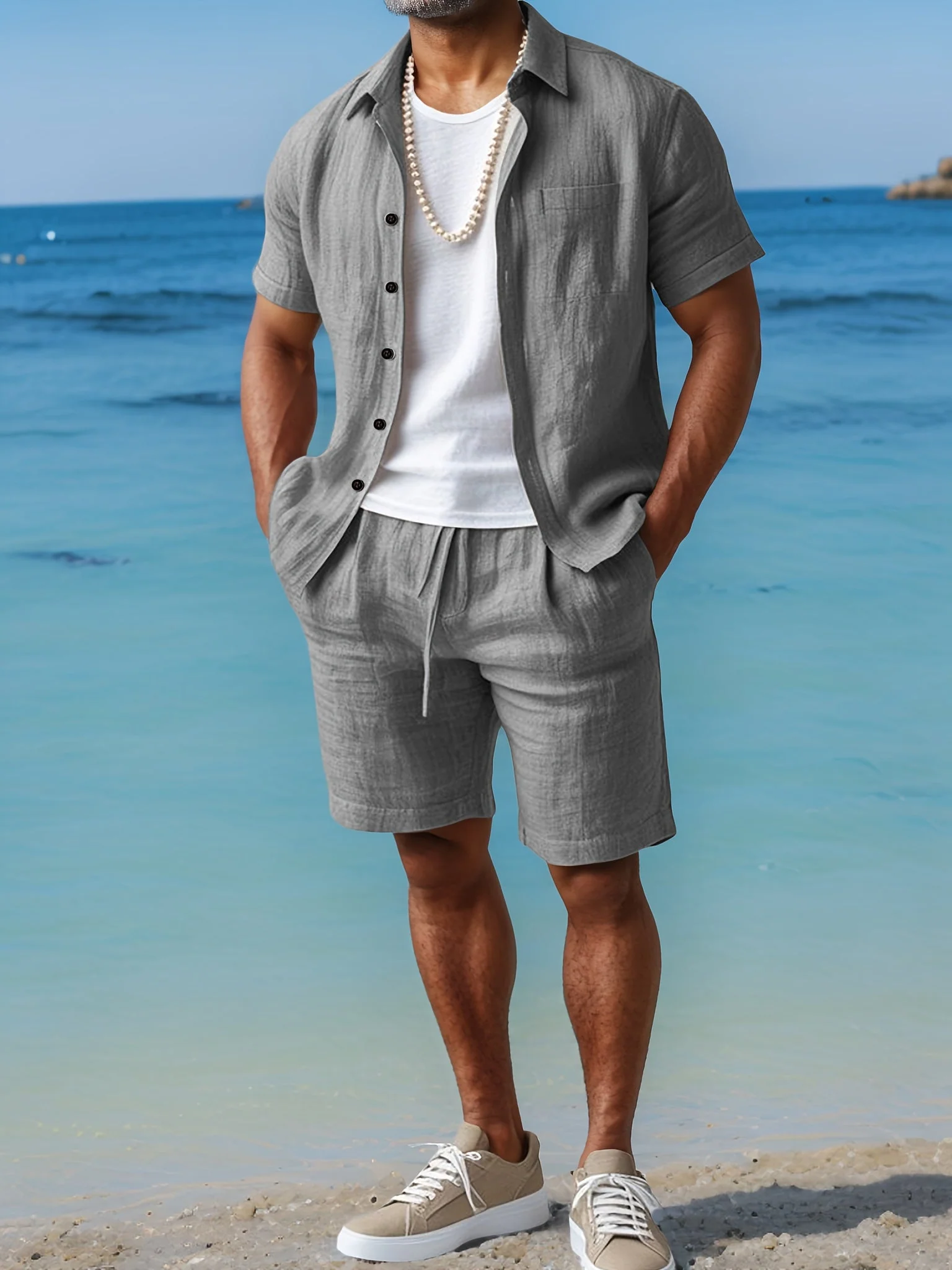 Ensemble décontracté pour homme style bohème – chemise manches courtes et short idéal plage et été - Image 6