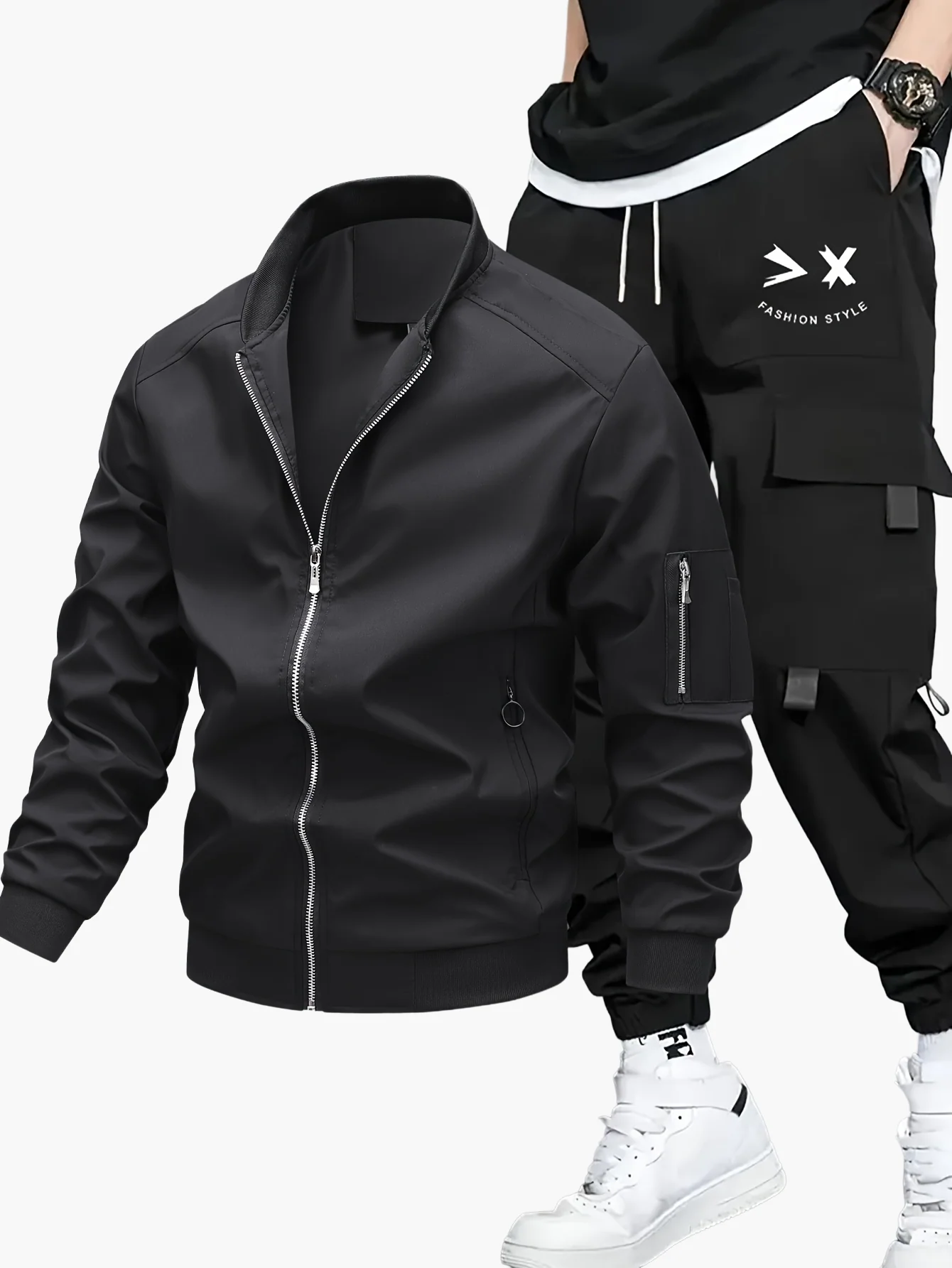 Ensemble décontracté pour homme, style urbain, veste bomber et pantalon cargo, idéal pour le printemps et l’automne - Image 2