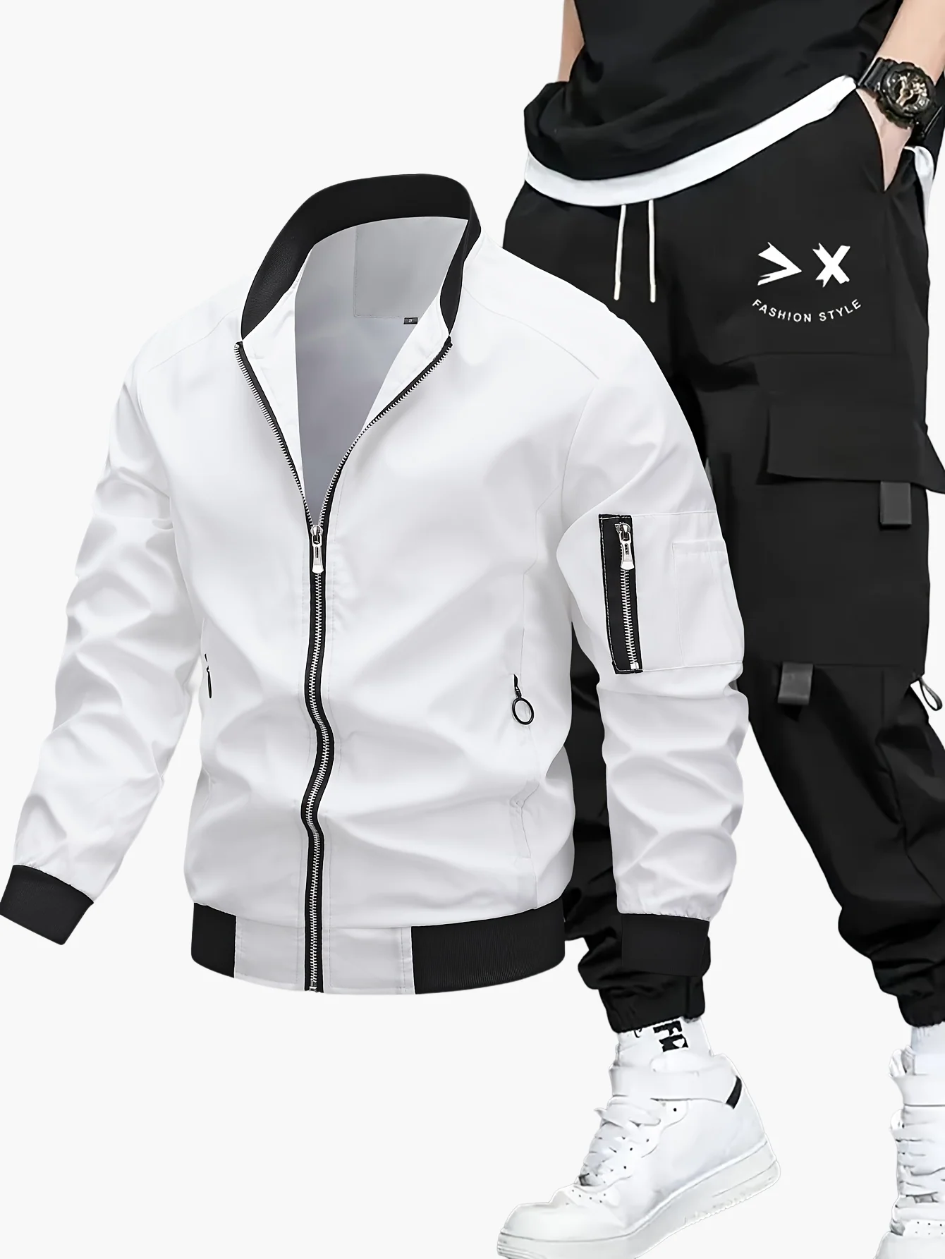 Ensemble décontracté pour homme, style urbain, veste bomber et pantalon cargo, idéal pour le printemps et l’automne - Image 3