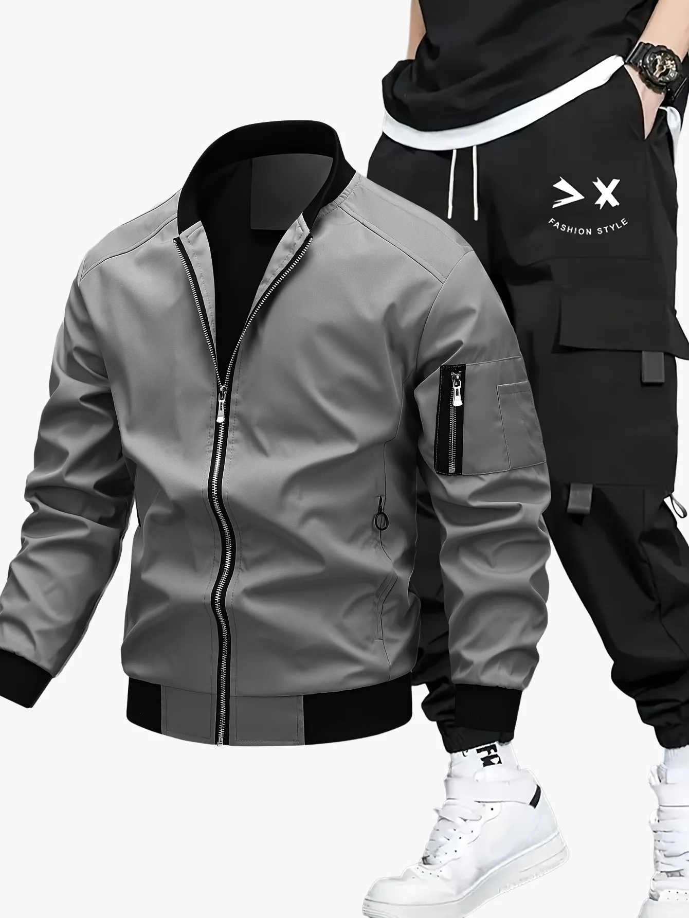 Ensemble décontracté pour homme, style urbain, veste bomber et pantalon cargo, idéal pour le printemps et l’automne - Image 4