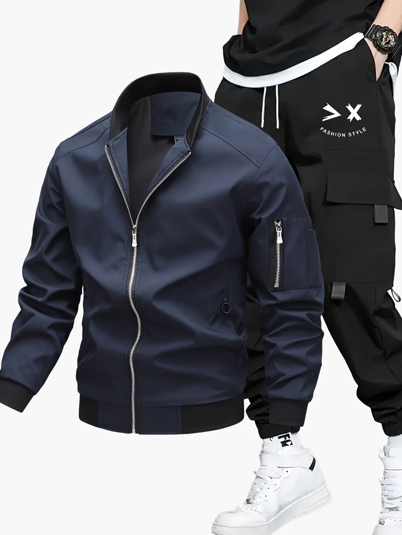 Ensemble décontracté pour homme, style urbain, veste bomber et pantalon cargo, idéal pour le printemps et l’automne - Image 5
