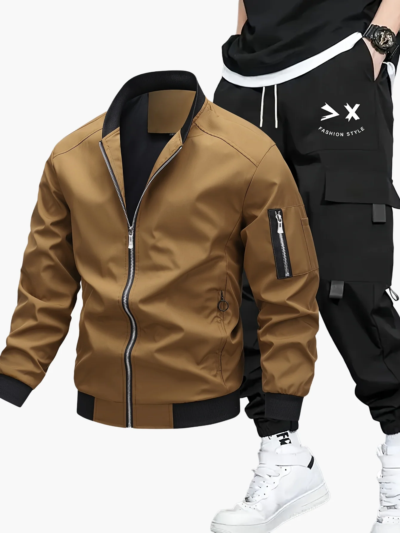 Ensemble décontracté pour homme, style urbain, veste bomber et pantalon cargo, idéal pour le printemps et l’automne - Image 6