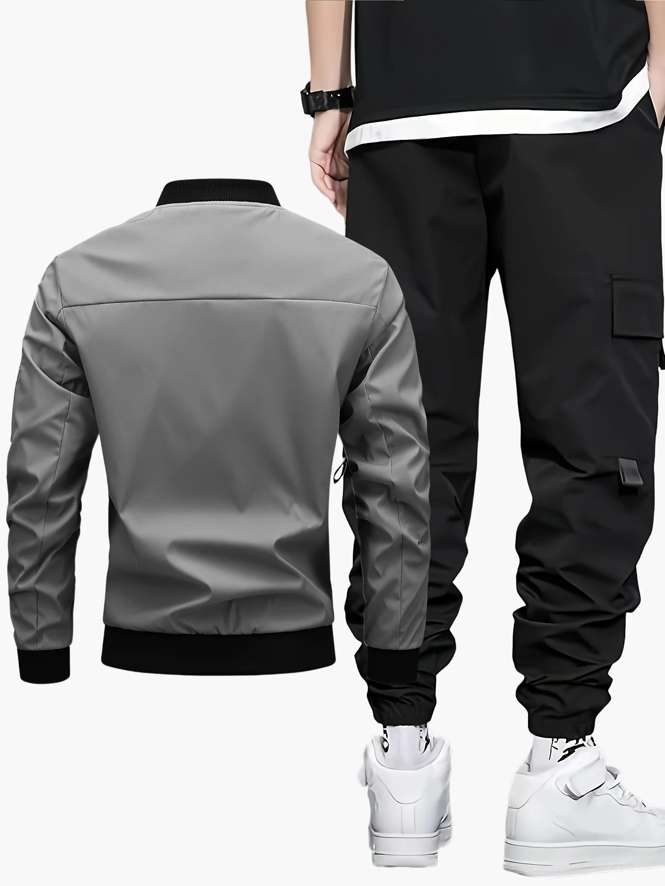 Ensemble décontracté pour homme, style urbain, veste bomber et pantalon cargo, idéal pour le printemps et l’automne - Image 7