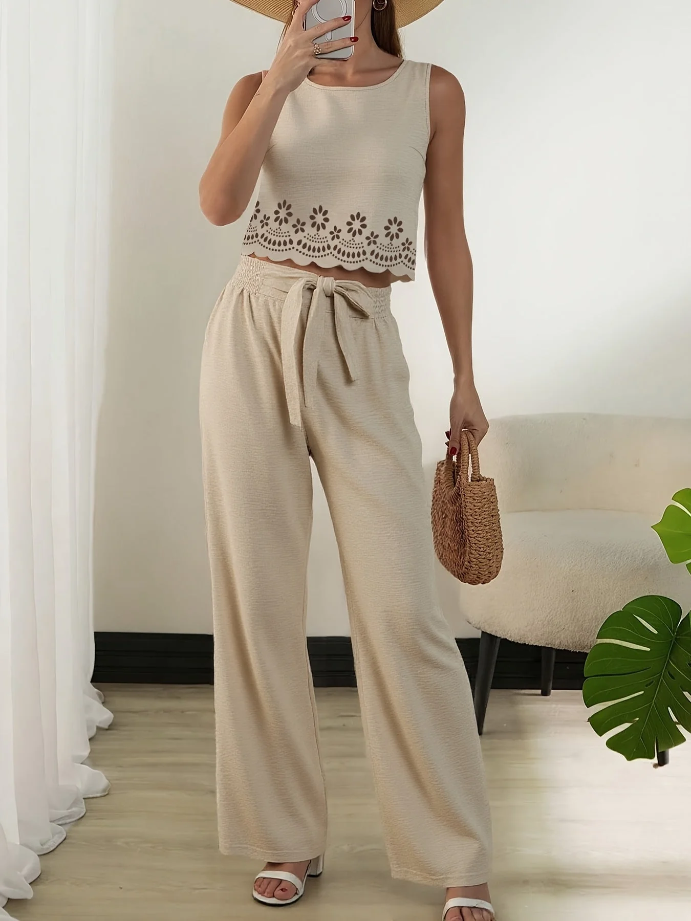 Ensemble deux pièces femme style élégant crop top découpé et pantalon taille haute ample pour printemps/été - Image 2