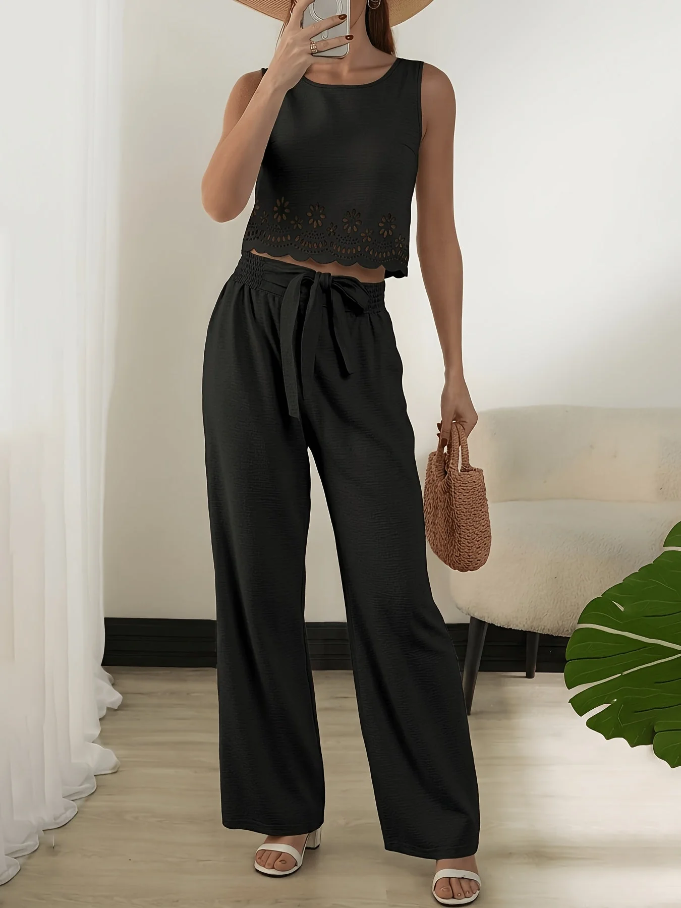 Ensemble deux pièces femme style élégant crop top découpé et pantalon taille haute ample pour printemps/été - Image 4