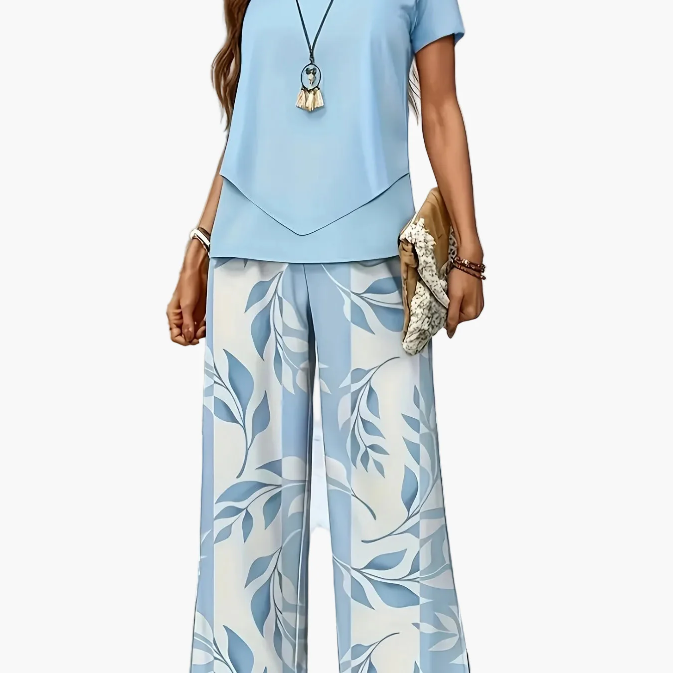 Ensemble élégant pour femme à manches courtes style décontracté chic avec pantalon large imprimé floral - Image 14