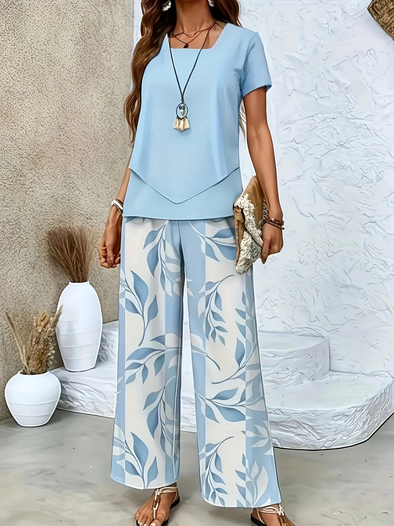 Ensemble élégant pour femme à manches courtes style décontracté chic avec pantalon large imprimé floral - Image 2