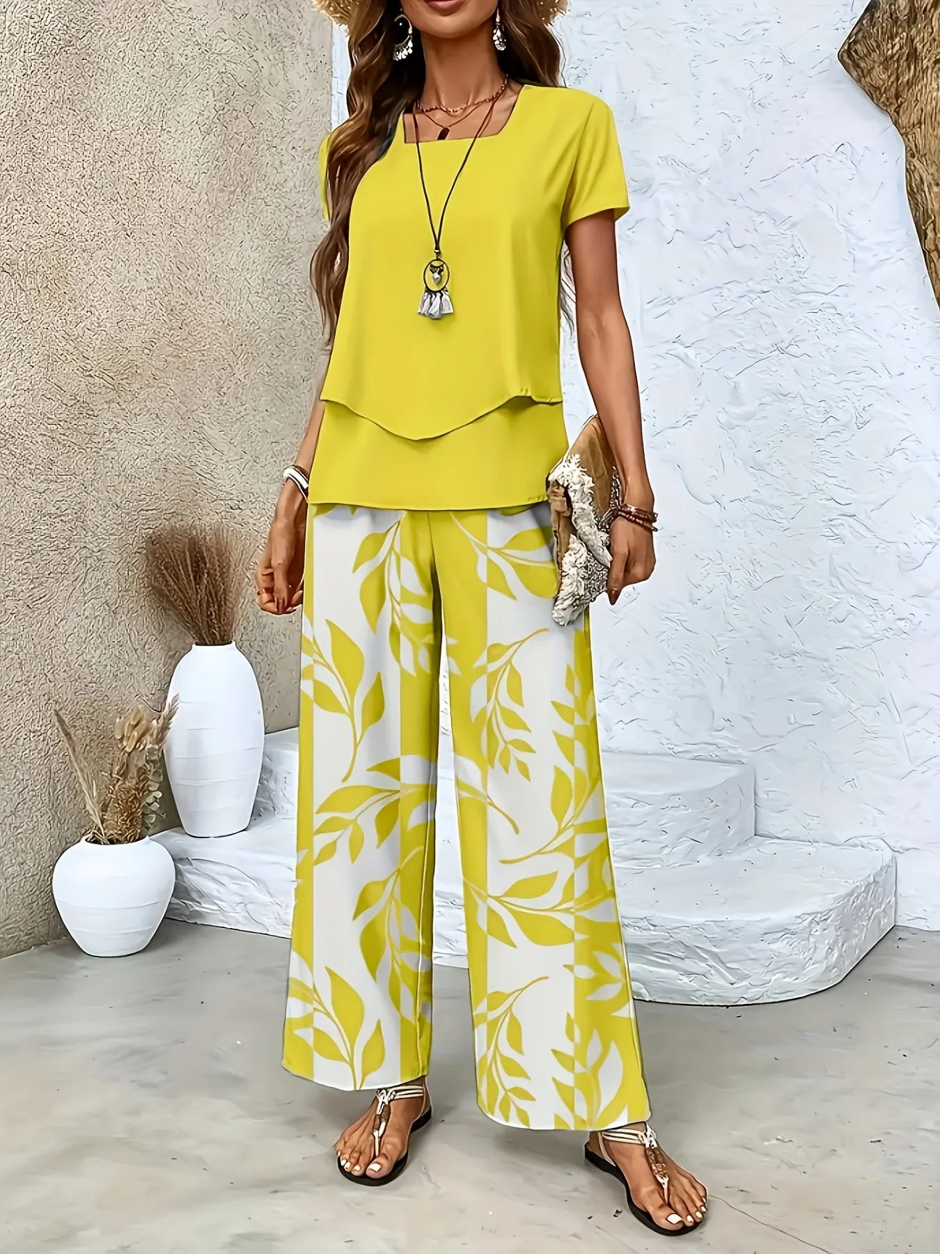 Ensemble élégant pour femme à manches courtes style décontracté chic avec pantalon large imprimé floral - Image 3
