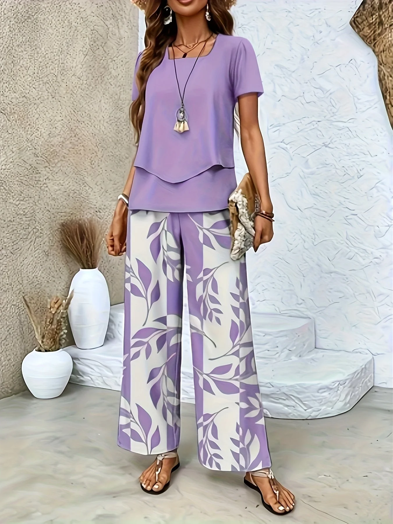 Ensemble élégant pour femme à manches courtes style décontracté chic avec pantalon large imprimé floral - Image 4