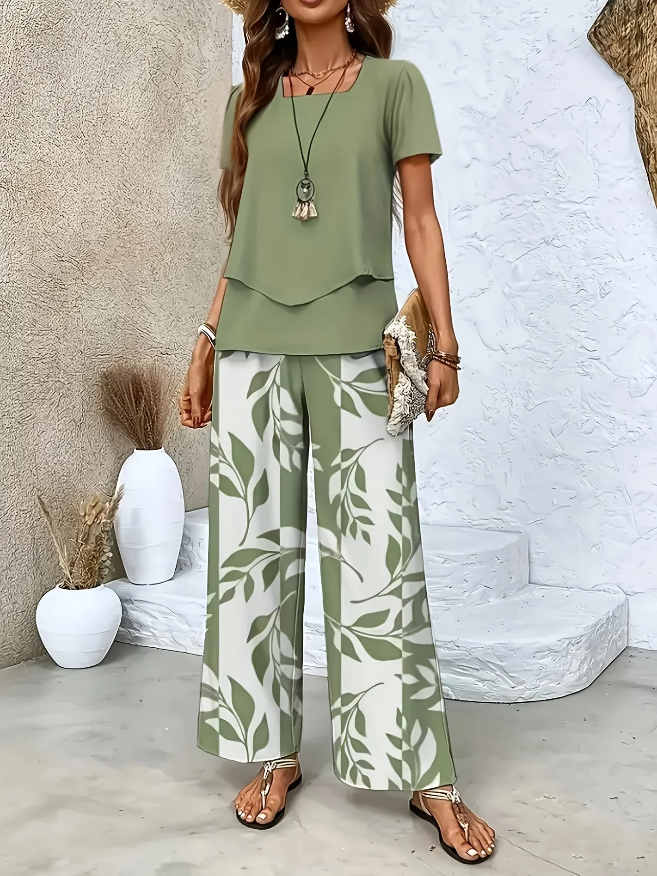 Ensemble élégant pour femme à manches courtes style décontracté chic avec pantalon large imprimé floral - Image 5