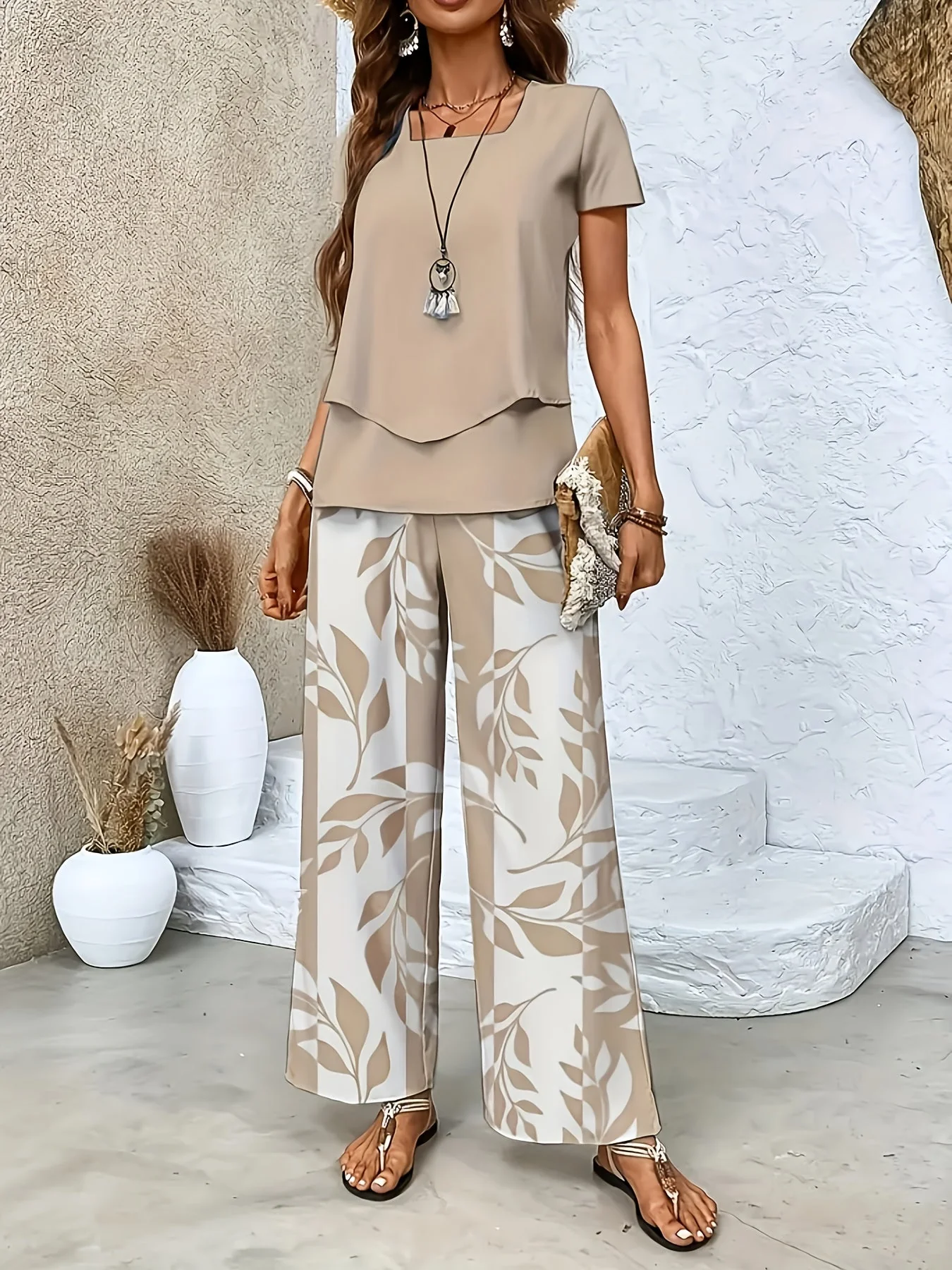 Ensemble élégant pour femme à manches courtes style décontracté chic avec pantalon large imprimé floral - Image 6