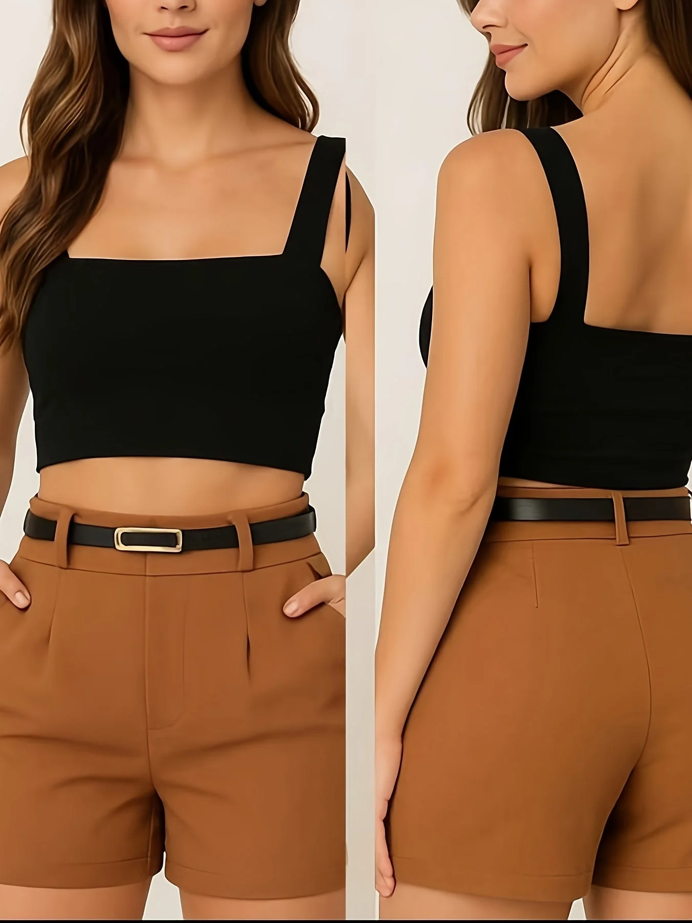 Ensemble élégant pour femme – Top court à bretelles larges et short taille haute avec ceinture – Tenue chic estivale - Image 3