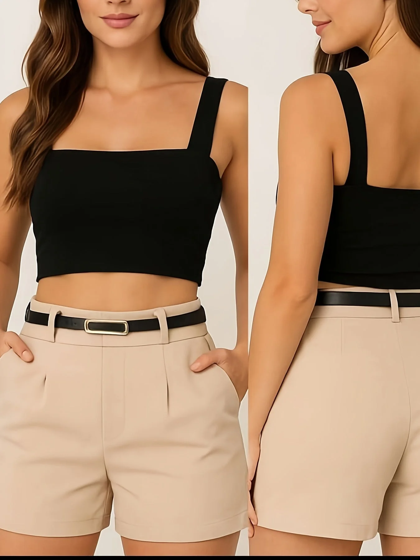 Ensemble élégant pour femme – Top court à bretelles larges et short taille haute avec ceinture – Tenue chic estivale - Image 4