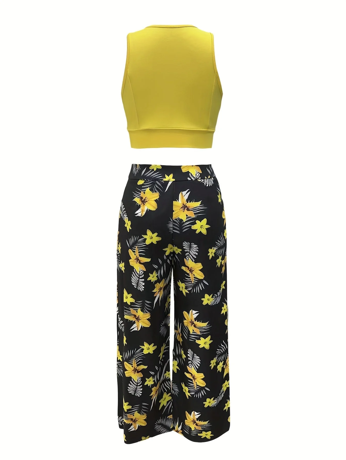 Ensemble féminin jupe longue fendue à motifs tropicaux et crop top élégant pour été - Image 6