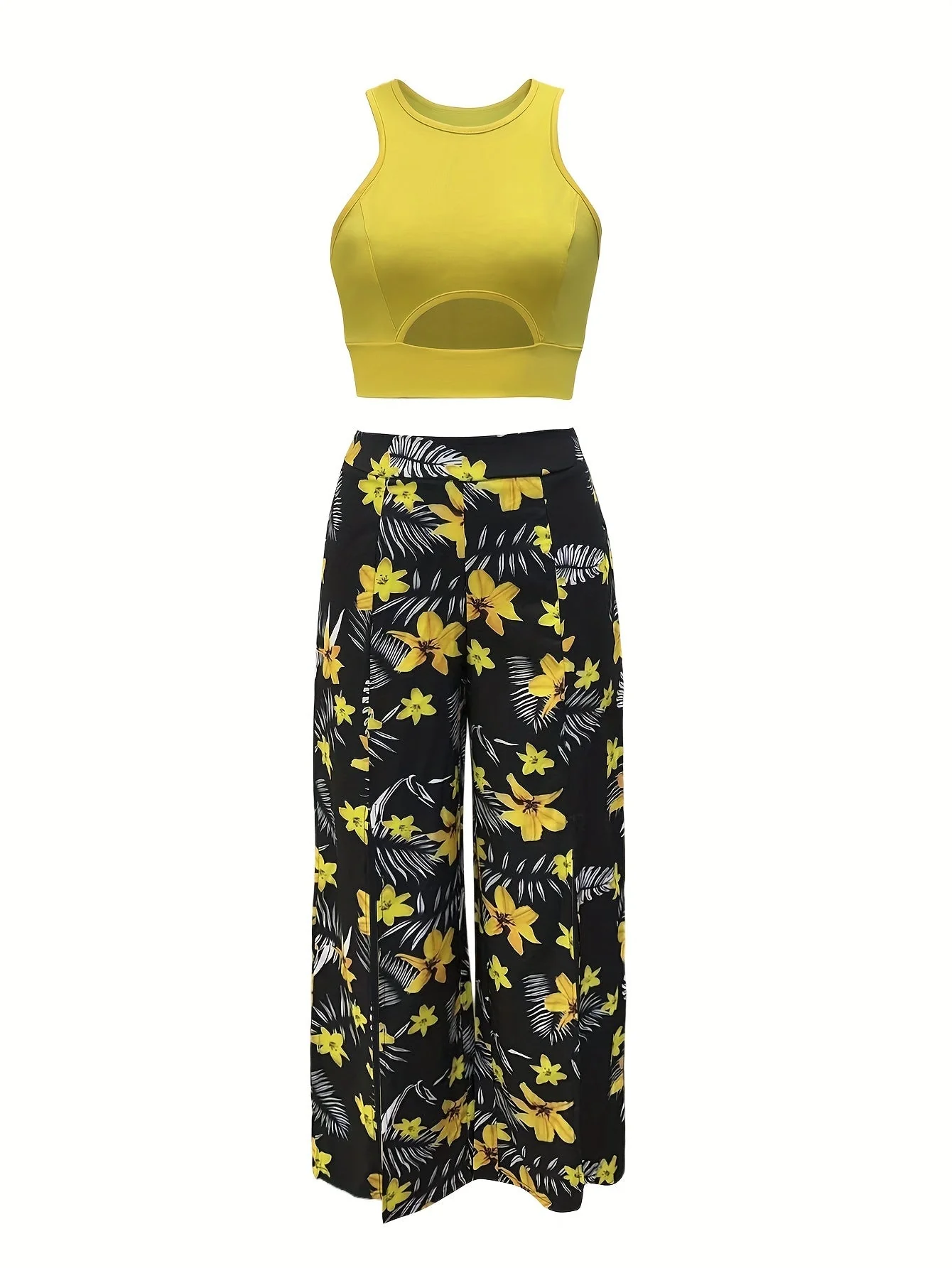 Ensemble féminin jupe longue fendue à motifs tropicaux et crop top élégant pour été - Image 7