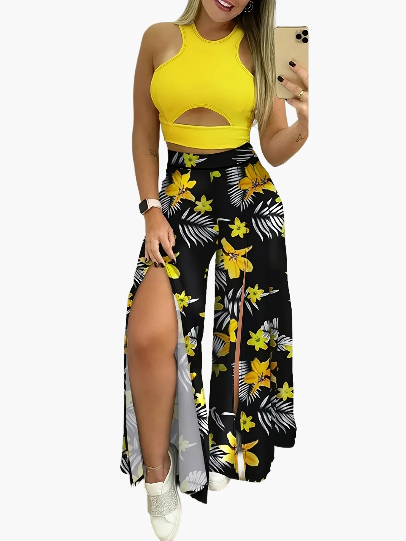 Ensemble féminin jupe longue fendue à motifs tropicaux et crop top élégant pour été - Image 9