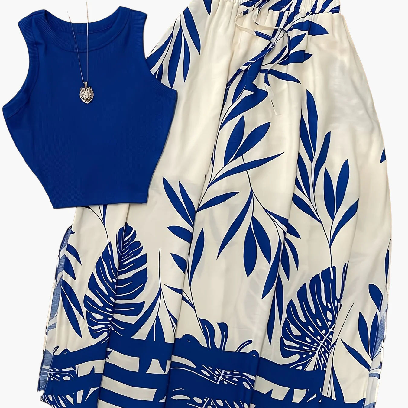 Ensemble féminin style vacances chic à motifs tropicaux - Haut sans manches et jupe longue avec taille froncée - Image 7