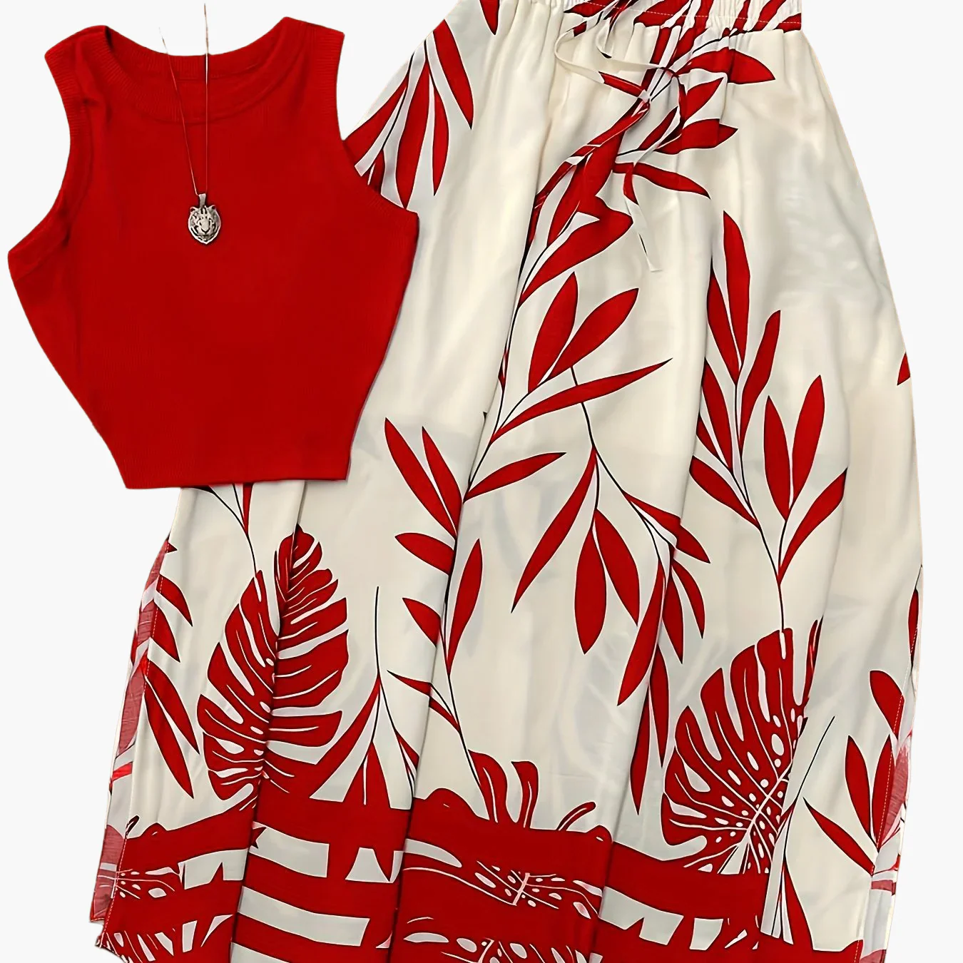 Ensemble féminin style vacances chic à motifs tropicaux - Haut sans manches et jupe longue avec taille froncée - Image 8