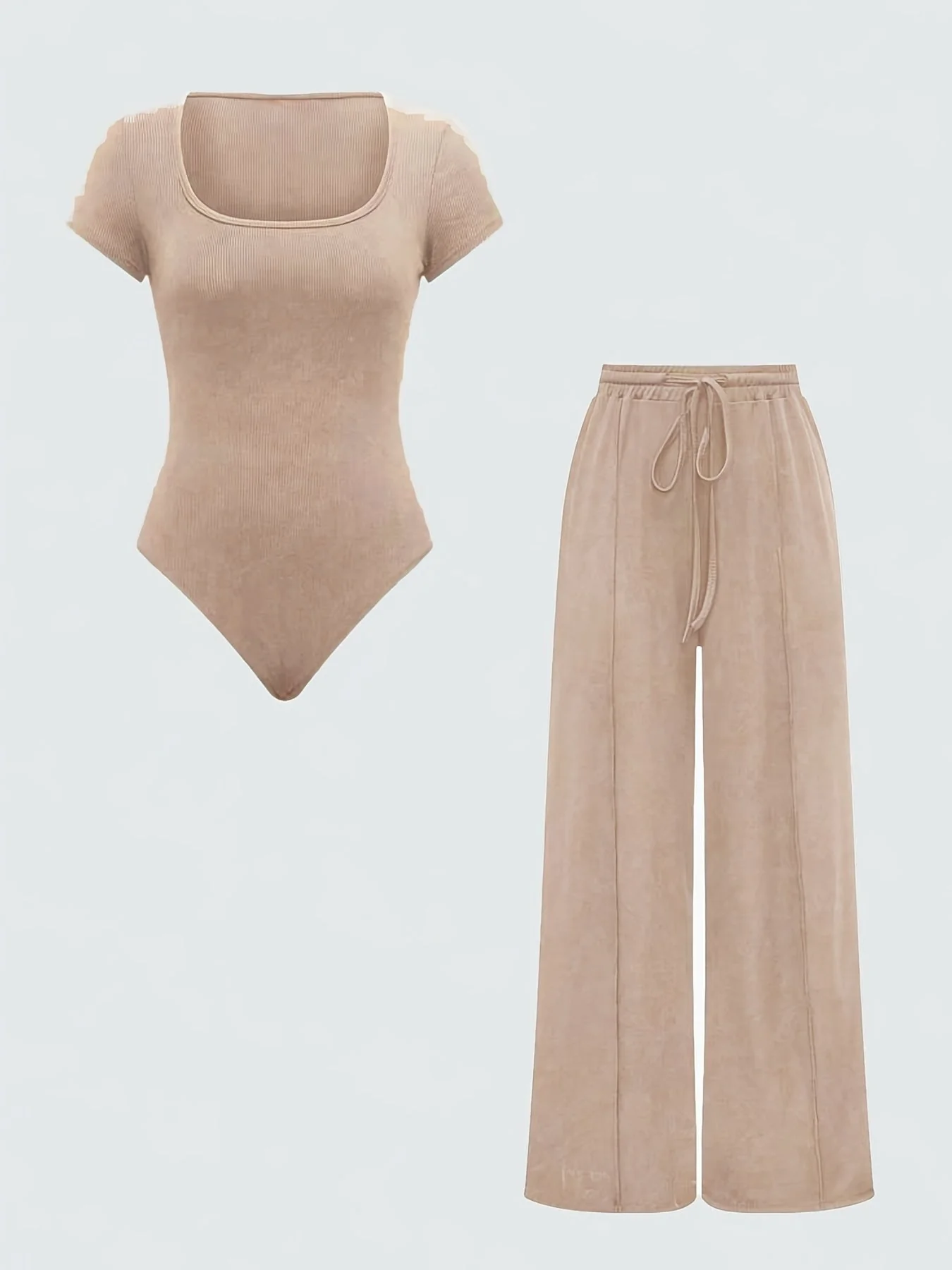 Ensemble Femme Body Col Carré et Pantalon Large Taille Haute Style Décontracté Printemps Été - Image 2