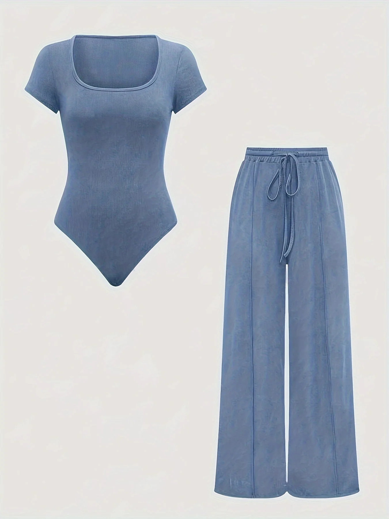 Ensemble Femme Body Col Carré et Pantalon Large Taille Haute Style Décontracté Printemps Été - Image 3