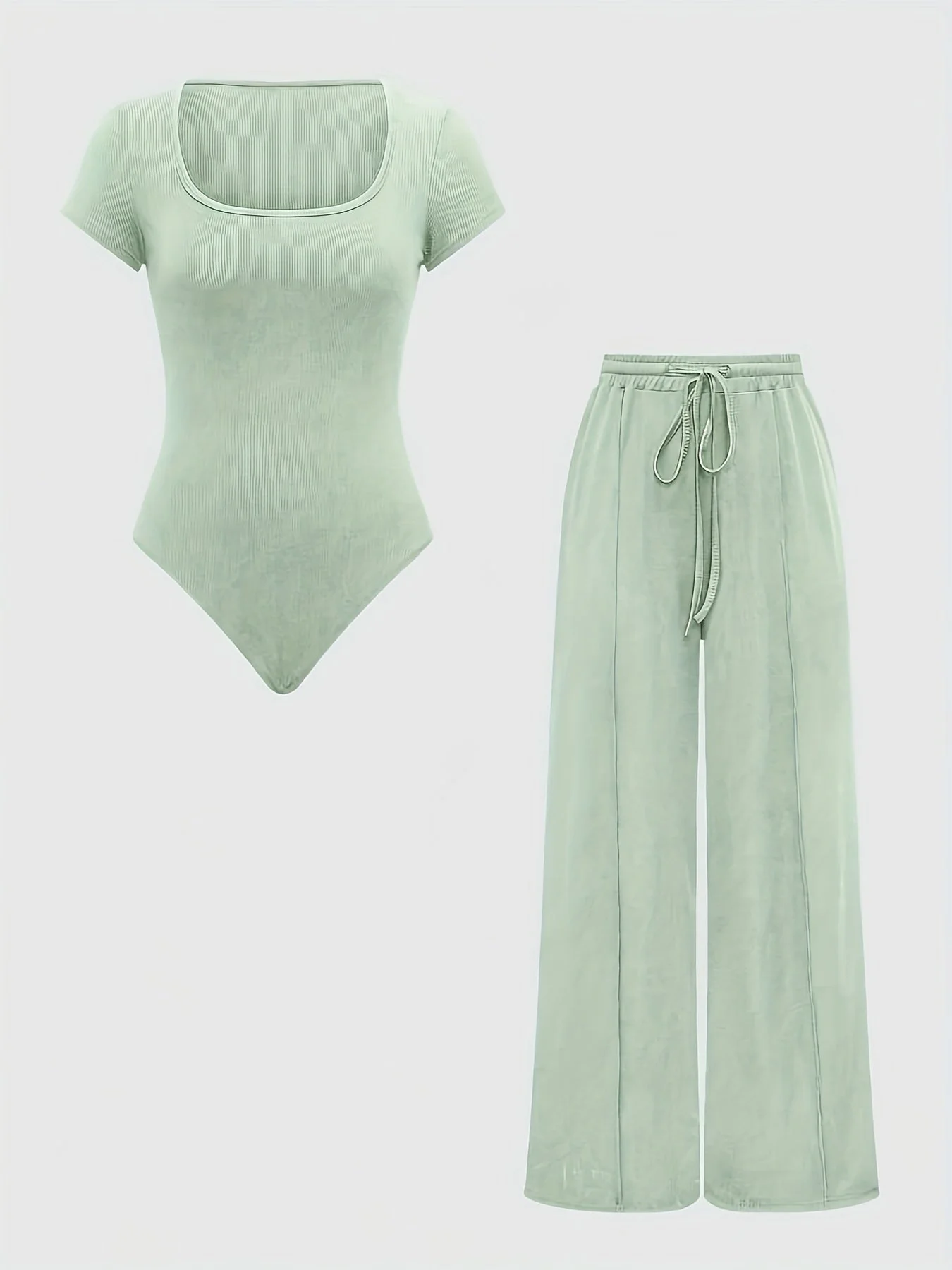 Ensemble Femme Body Col Carré et Pantalon Large Taille Haute Style Décontracté Printemps Été - Image 4