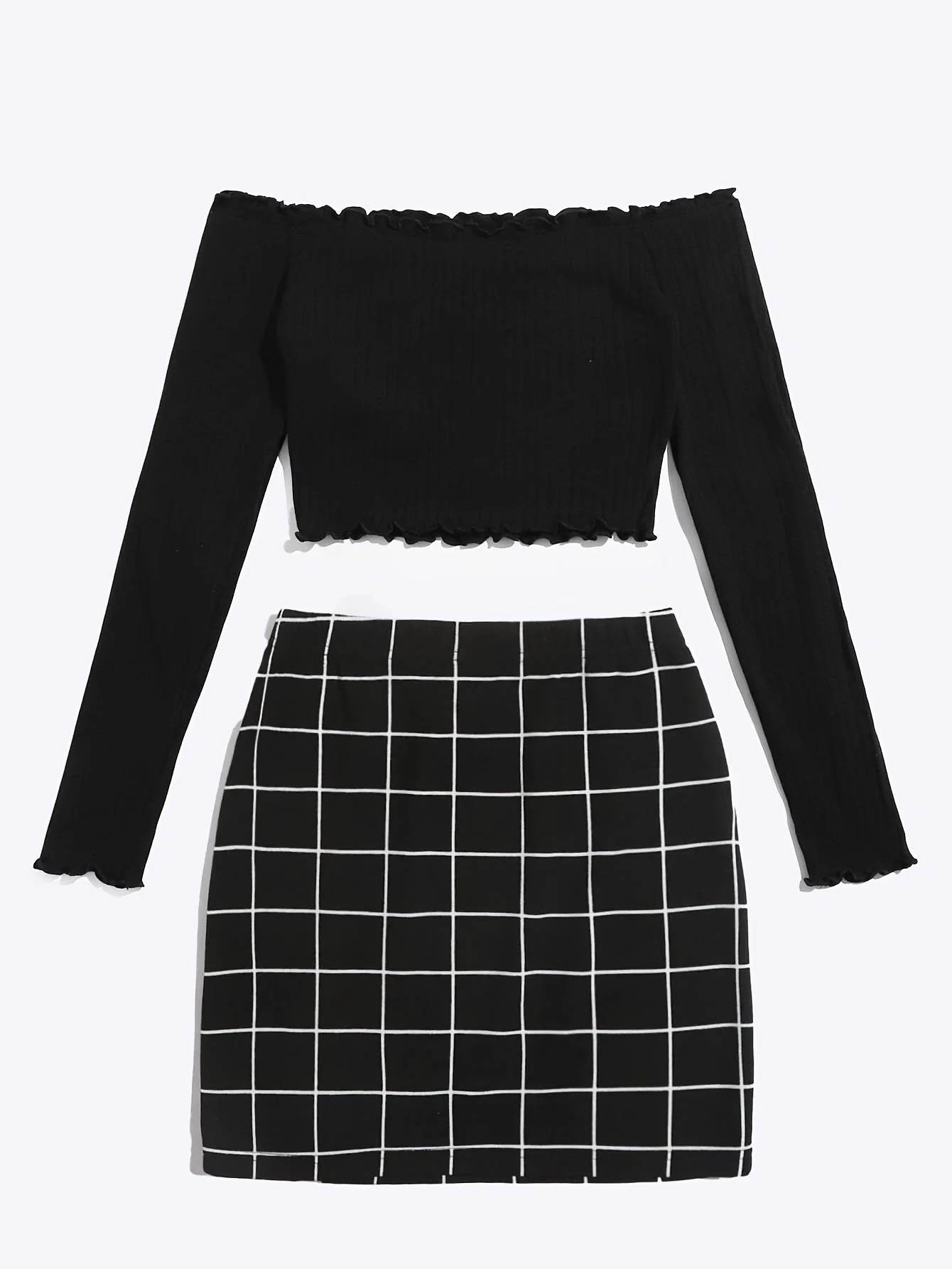 Ensemble Femme Chic à Carreaux Style Épaule Dénudée – Idéal Printemps Été - Image 2