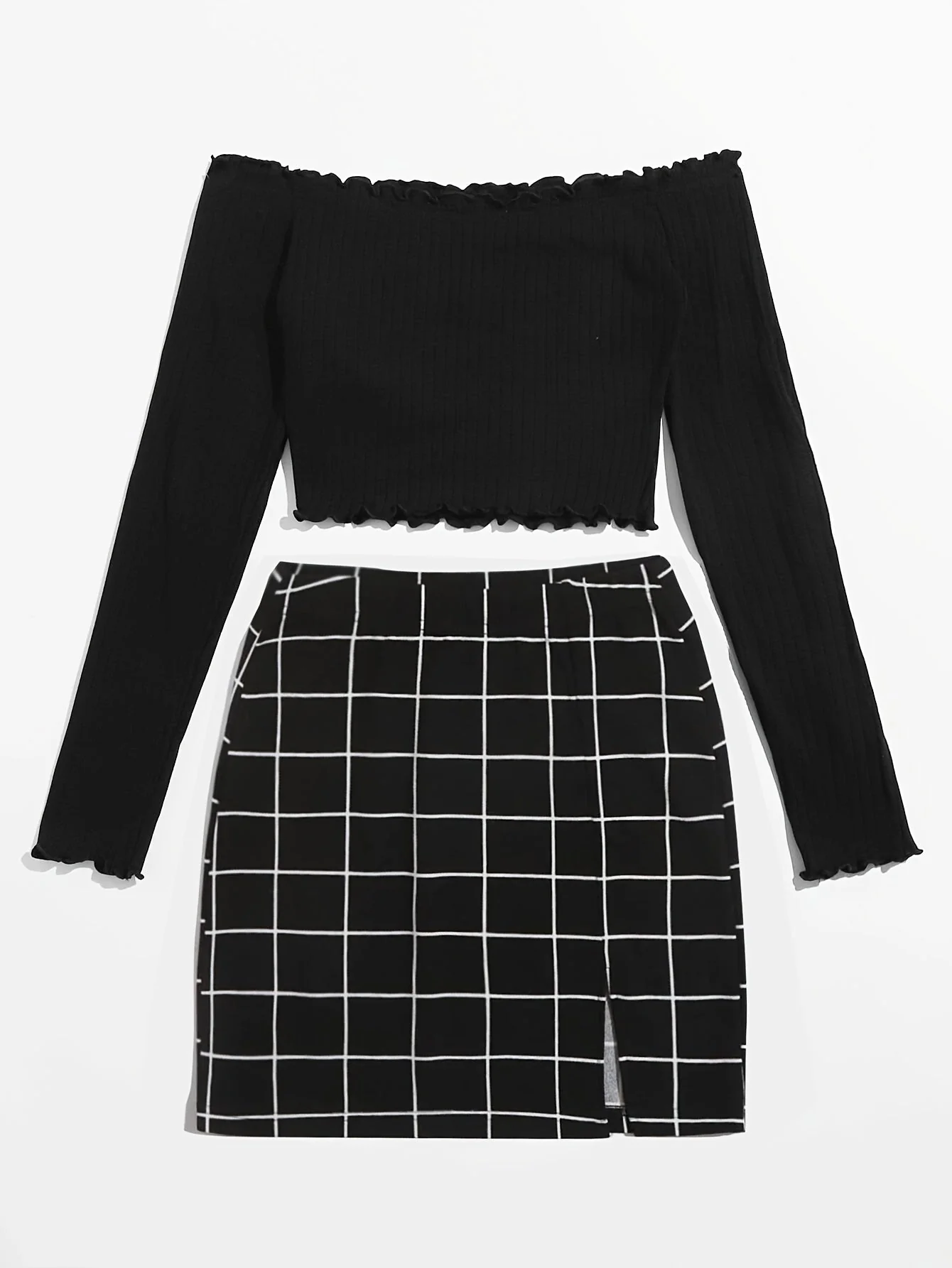 Ensemble Femme Chic à Carreaux Style Épaule Dénudée – Idéal Printemps Été - Image 3