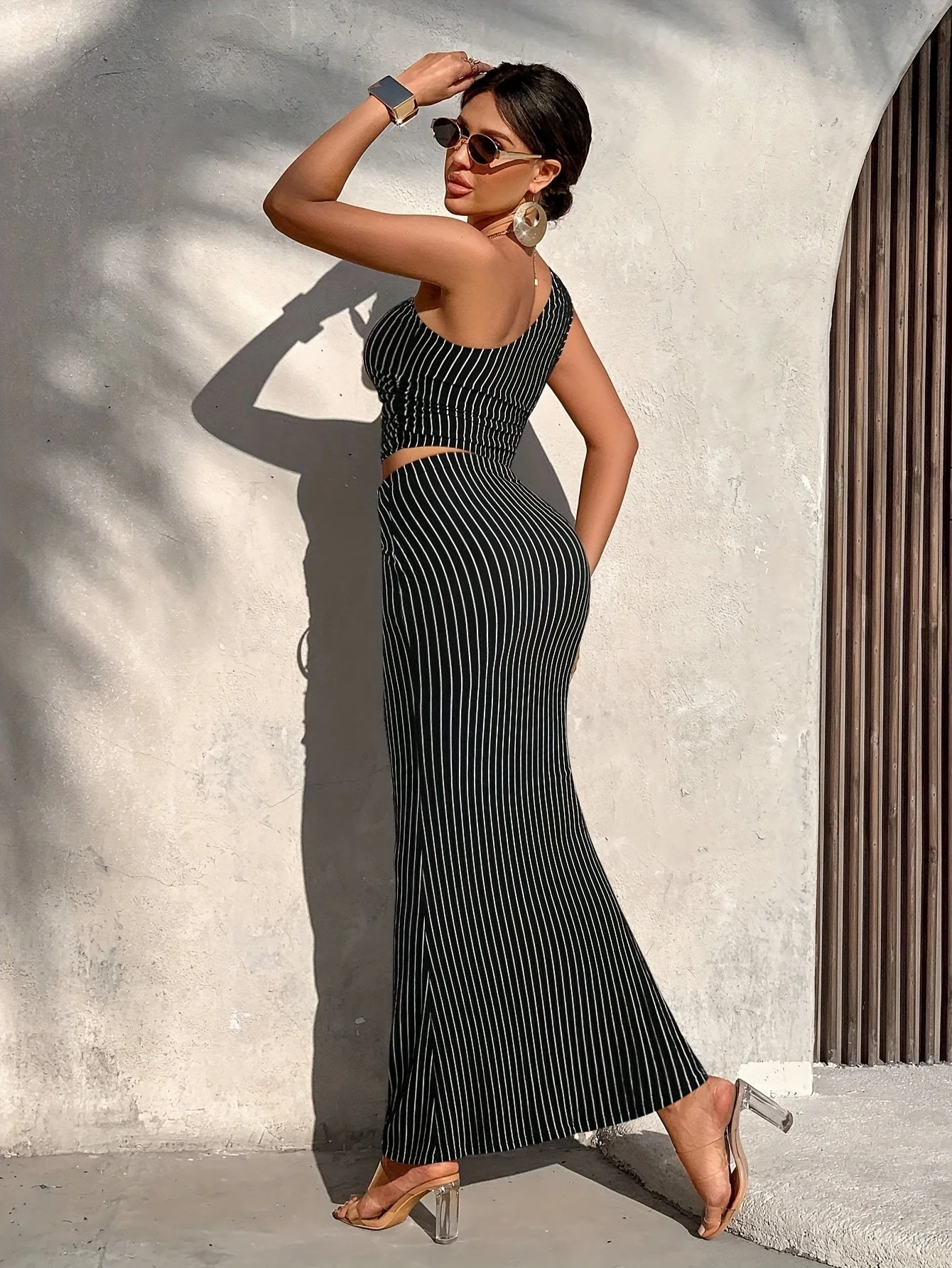 Ensemble Femme Élégant à Rayures Style Chic pour Printemps/Été – Top Asymétrique et Jupe Longue - Image 7