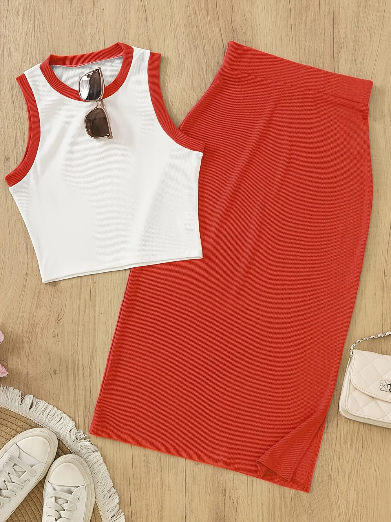 Ensemble jupe et débardeur sans manches style élégant pour femme - Idéal printemps/été - Image 3