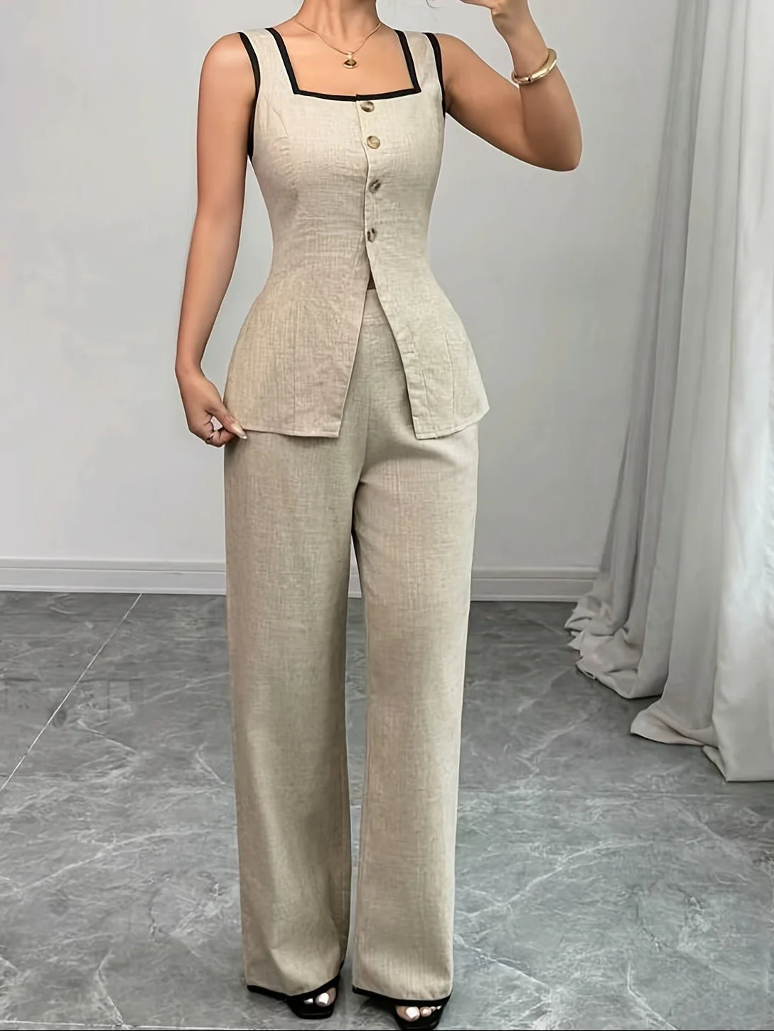 Ensemble pantalon et haut femme élégant style bureau à boutons – Printemps/Été - Image 2