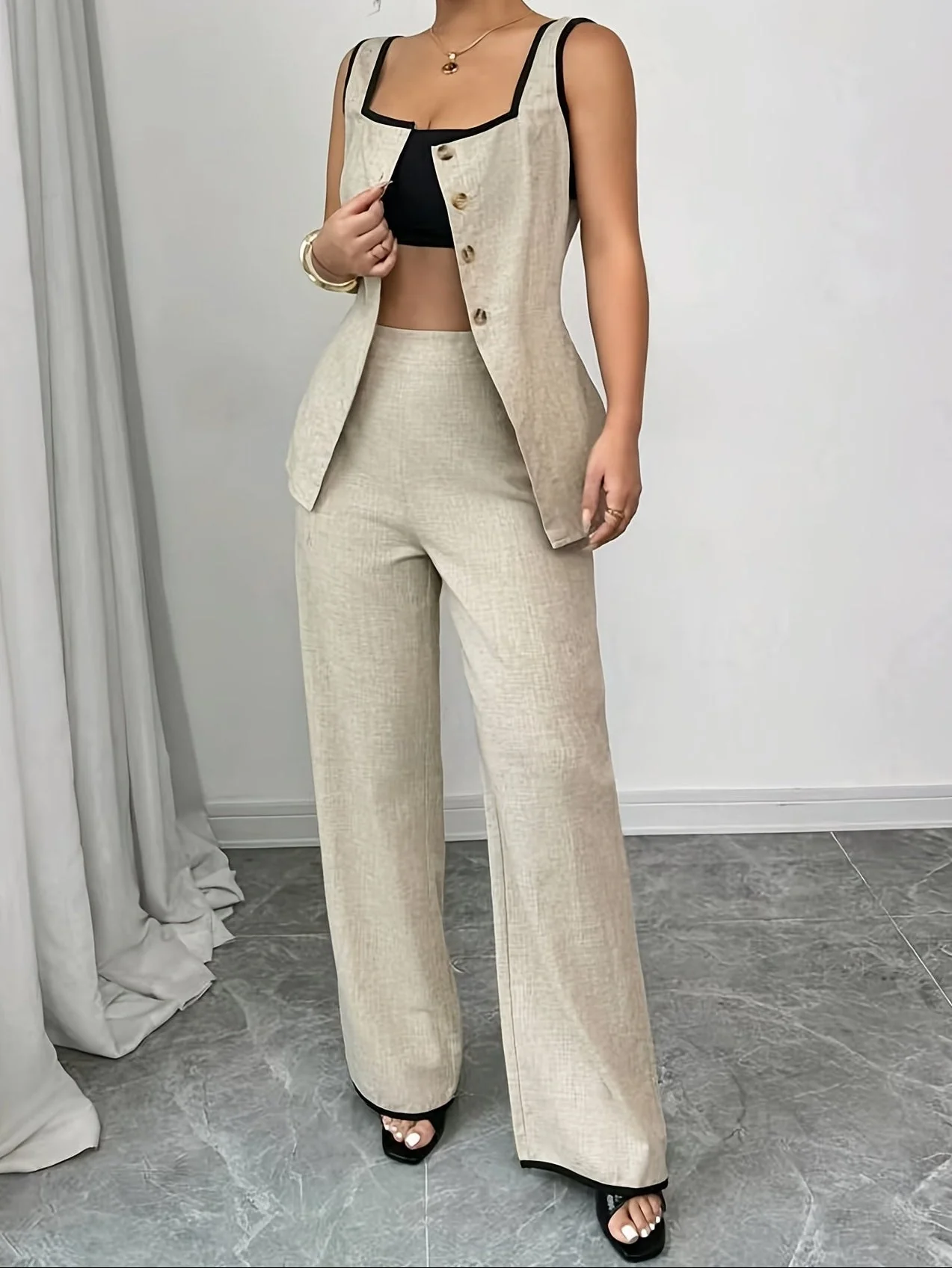 Ensemble pantalon et haut femme élégant style bureau à boutons – Printemps/Été - Image 3