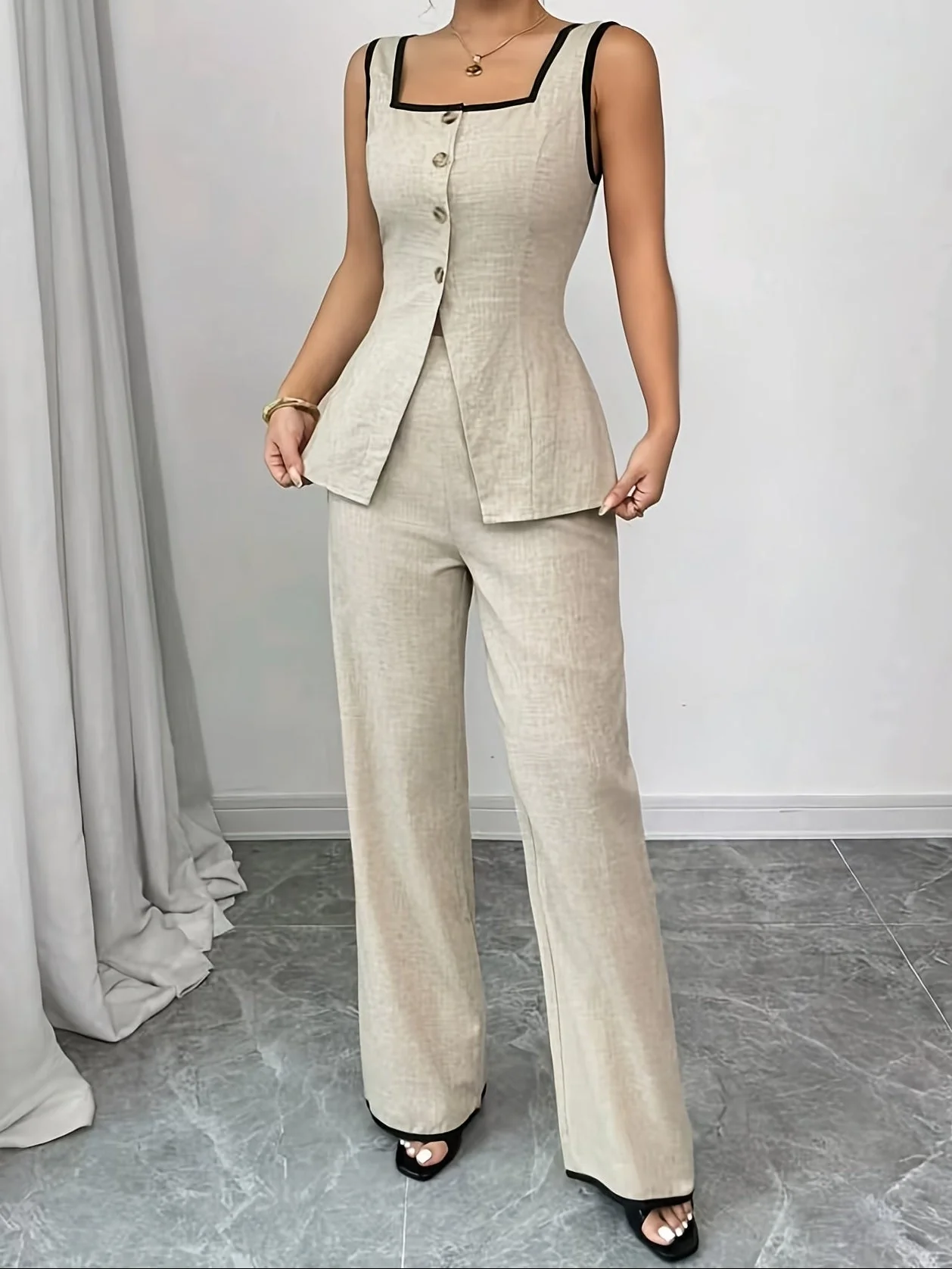 Ensemble pantalon et haut femme élégant style bureau à boutons – Printemps/Été - Image 4