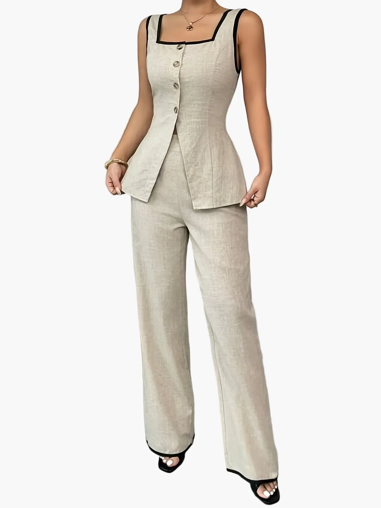 Ensemble pantalon et haut femme élégant style bureau à boutons – Printemps/Été - Image 6