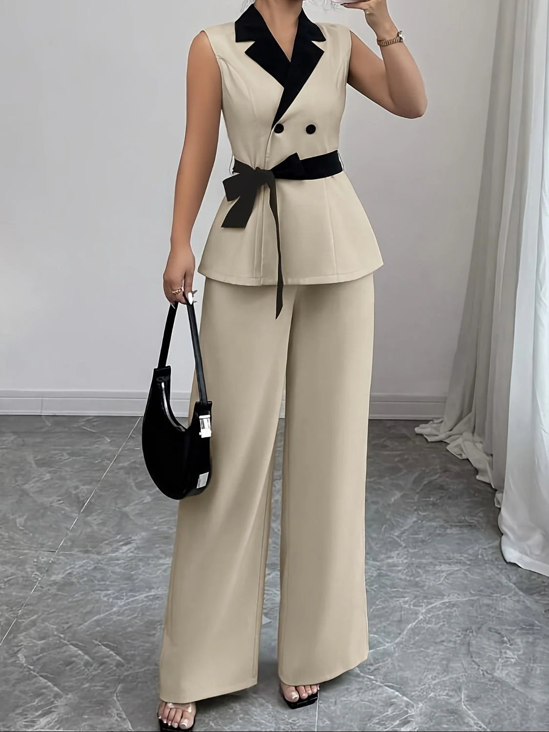 Ensemble pantalon tailleur sans manches style chic pour femme – Costume élégant de bureau ou sortie - Image 2